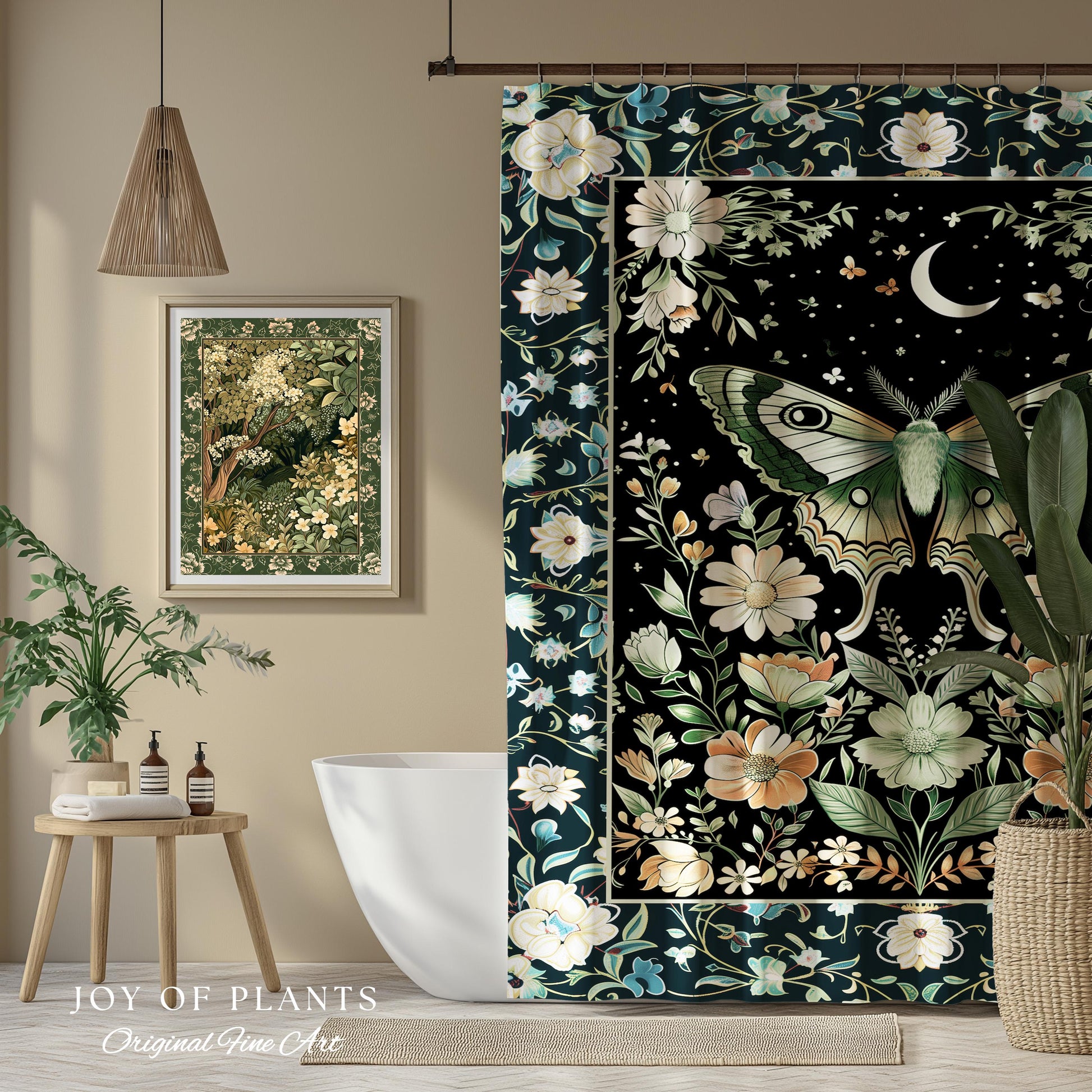 Luna Moth Folklore Aesthetic Shower Curtain | Whimsigoth Eclectic Maximalist Bathroom Accent Cottagecore Dreamy Forestcore Antique Green |