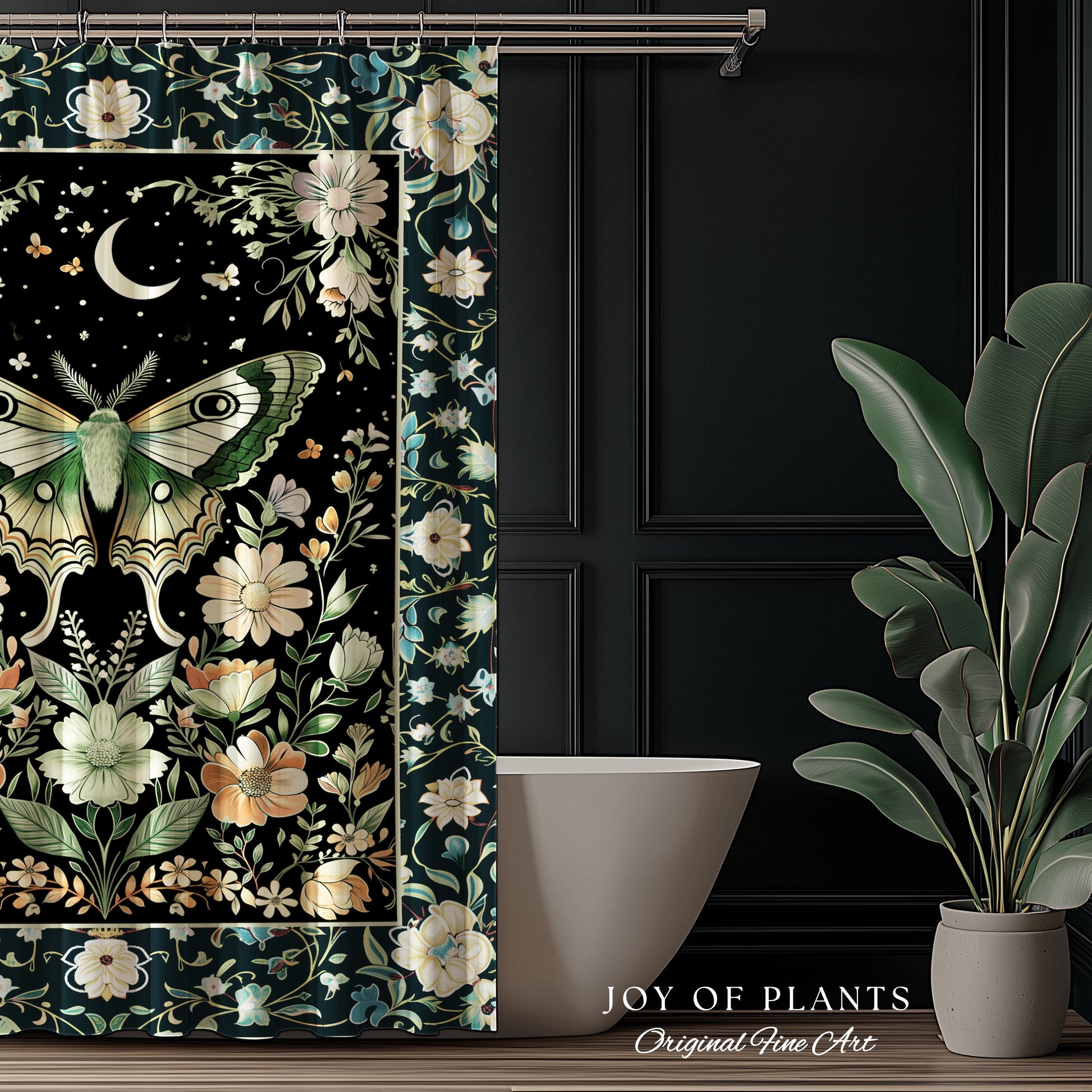 Luna Moth Folklore Aesthetic Shower Curtain | Whimsigoth Eclectic Maximalist Bathroom Accent Cottagecore Dreamy Forestcore Antique Green |