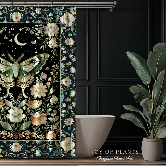 Luna Moth Folklore Aesthetic Shower Curtain | Whimsigoth Eclectic Maximalist Bathroom Accent Cottagecore Dreamy Forestcore Antique Green |