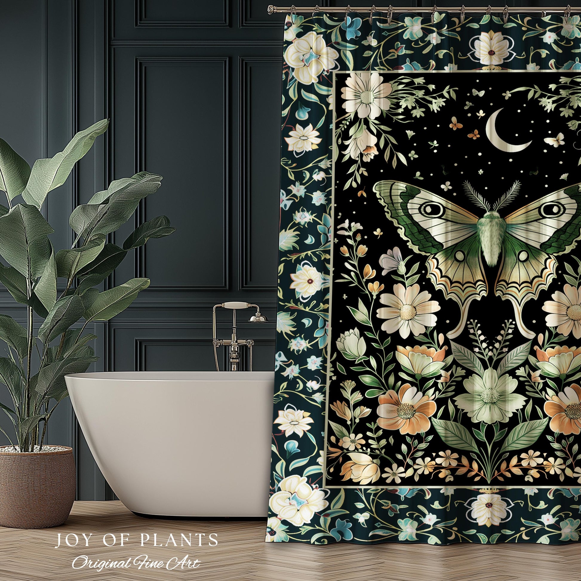 Luna Moth Folklore Aesthetic Shower Curtain | Whimsigoth Eclectic Maximalist Bathroom Accent Cottagecore Dreamy Forestcore Antique Green |
