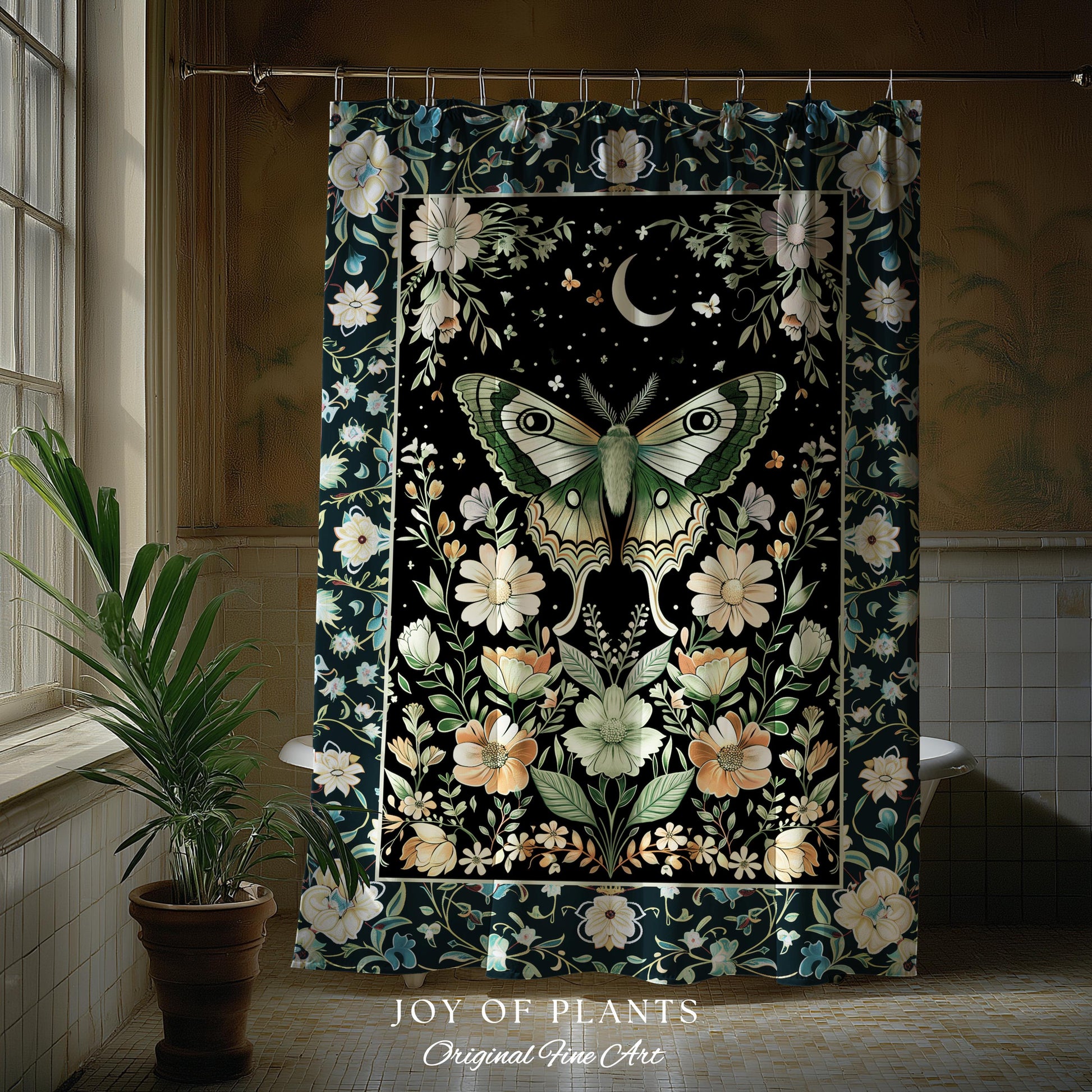 Luna Moth Folklore Aesthetic Shower Curtain | Whimsigoth Eclectic Maximalist Bathroom Accent Cottagecore Dreamy Forestcore Antique Green |