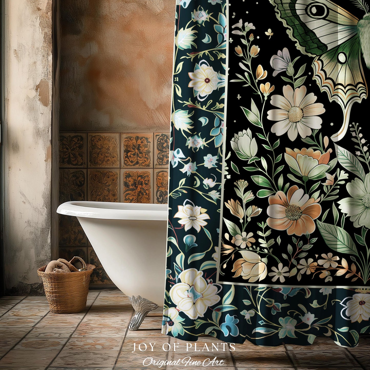 Luna Moth Folklore Aesthetic Shower Curtain | Whimsigoth Eclectic Maximalist Bathroom Accent Cottagecore Dreamy Forestcore Antique Green |