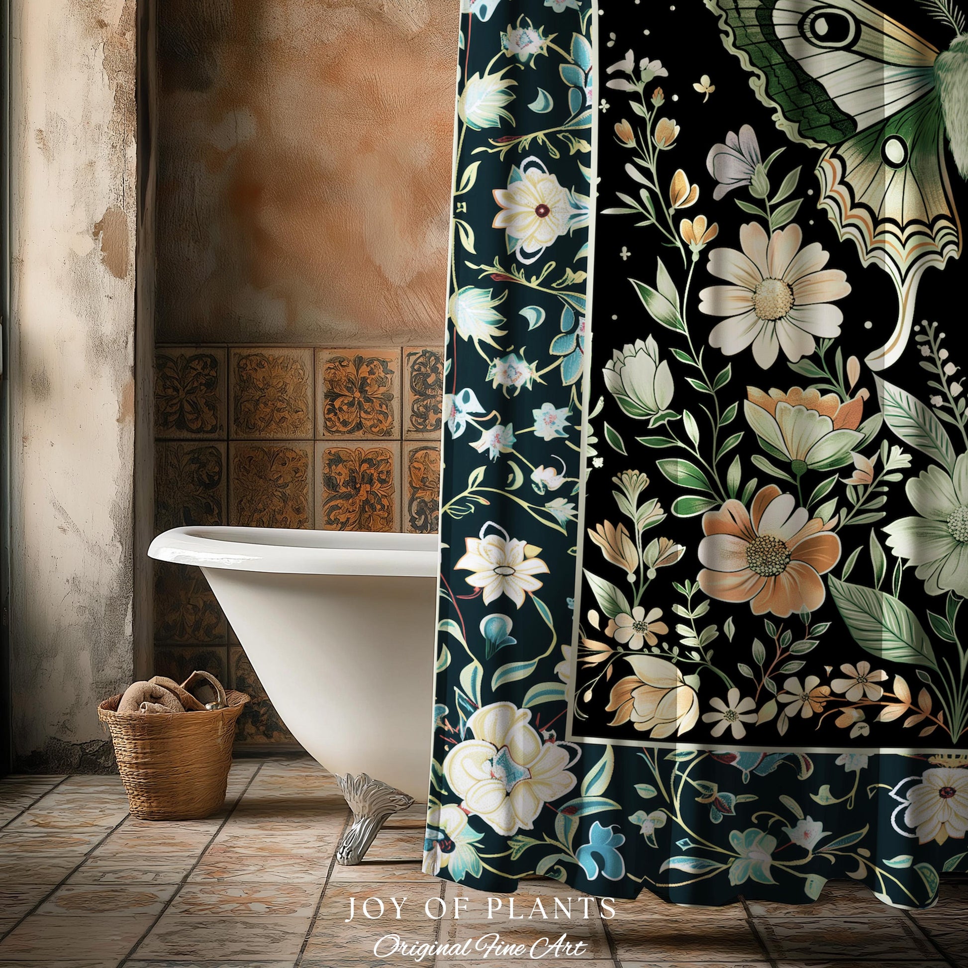 Luna Moth Folklore Aesthetic Shower Curtain | Whimsigoth Eclectic Maximalist Bathroom Accent Cottagecore Dreamy Forestcore Antique Green |