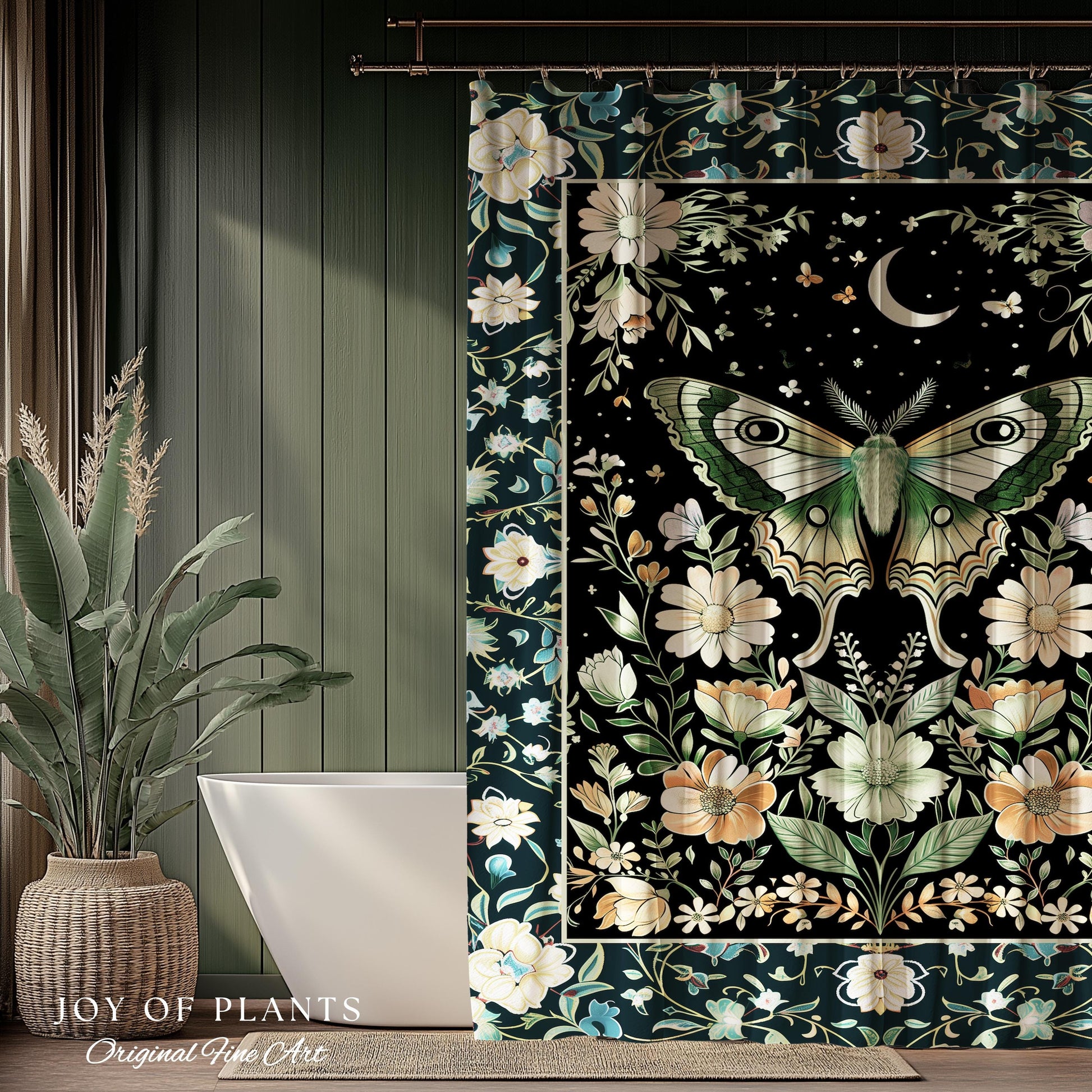 Luna Moth Folklore Aesthetic Shower Curtain | Whimsigoth Eclectic Maximalist Bathroom Accent Cottagecore Dreamy Forestcore Antique Green |