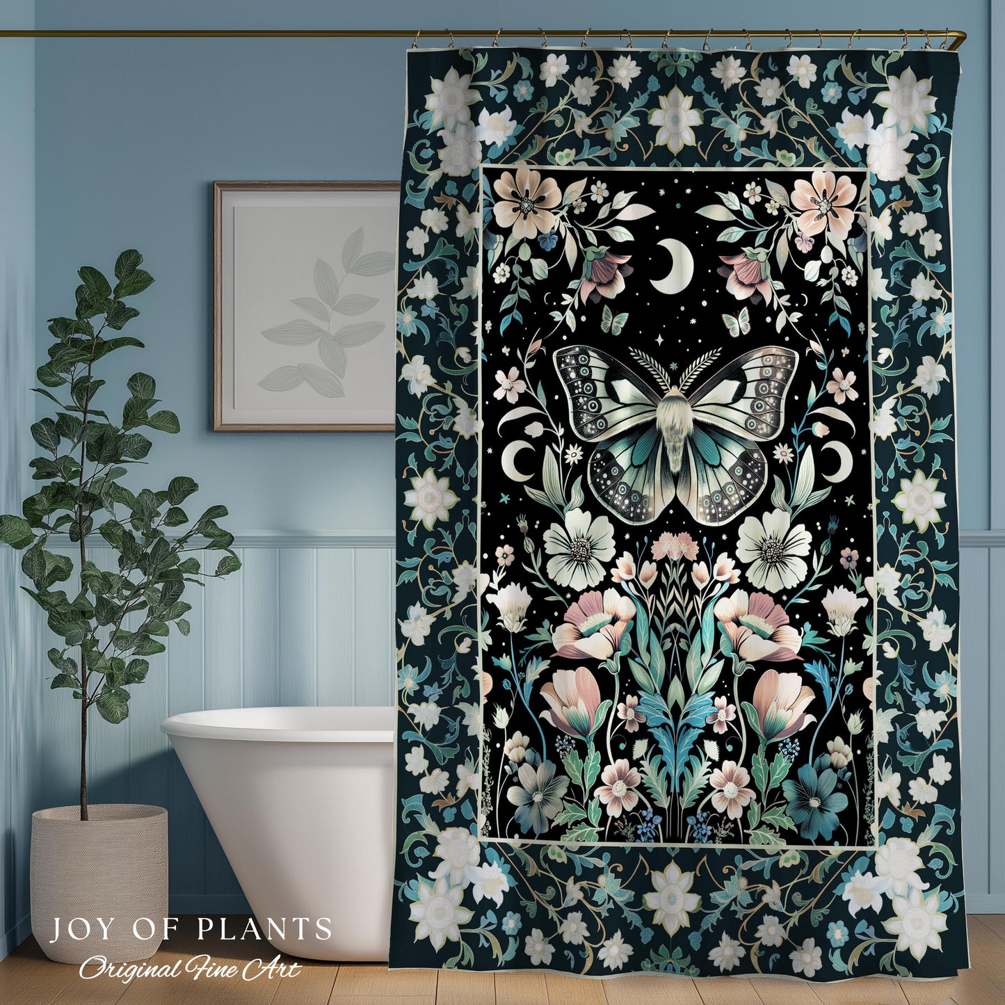 Celestial Butterfly Floral Shower Curtain Whimsical Moonlit Garden Whimsigothic Decor, Ethereal Cottagecore Botanical Moth Bathroom Accent |