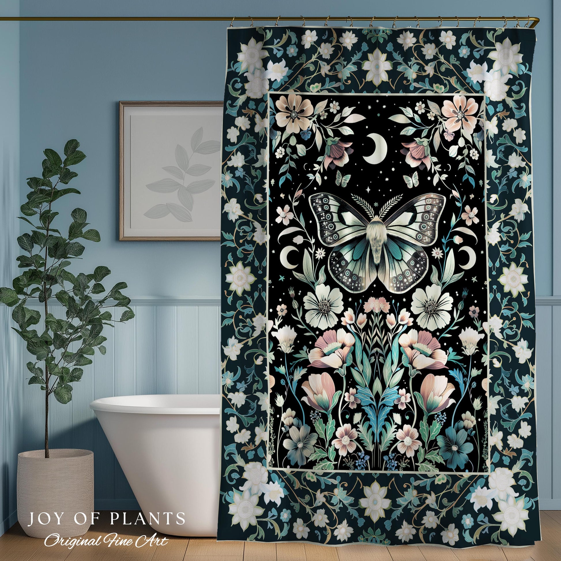 Celestial Butterfly Floral Shower Curtain Whimsical Moonlit Garden Whimsigothic Decor, Ethereal Cottagecore Botanical Moth Bathroom Accent |