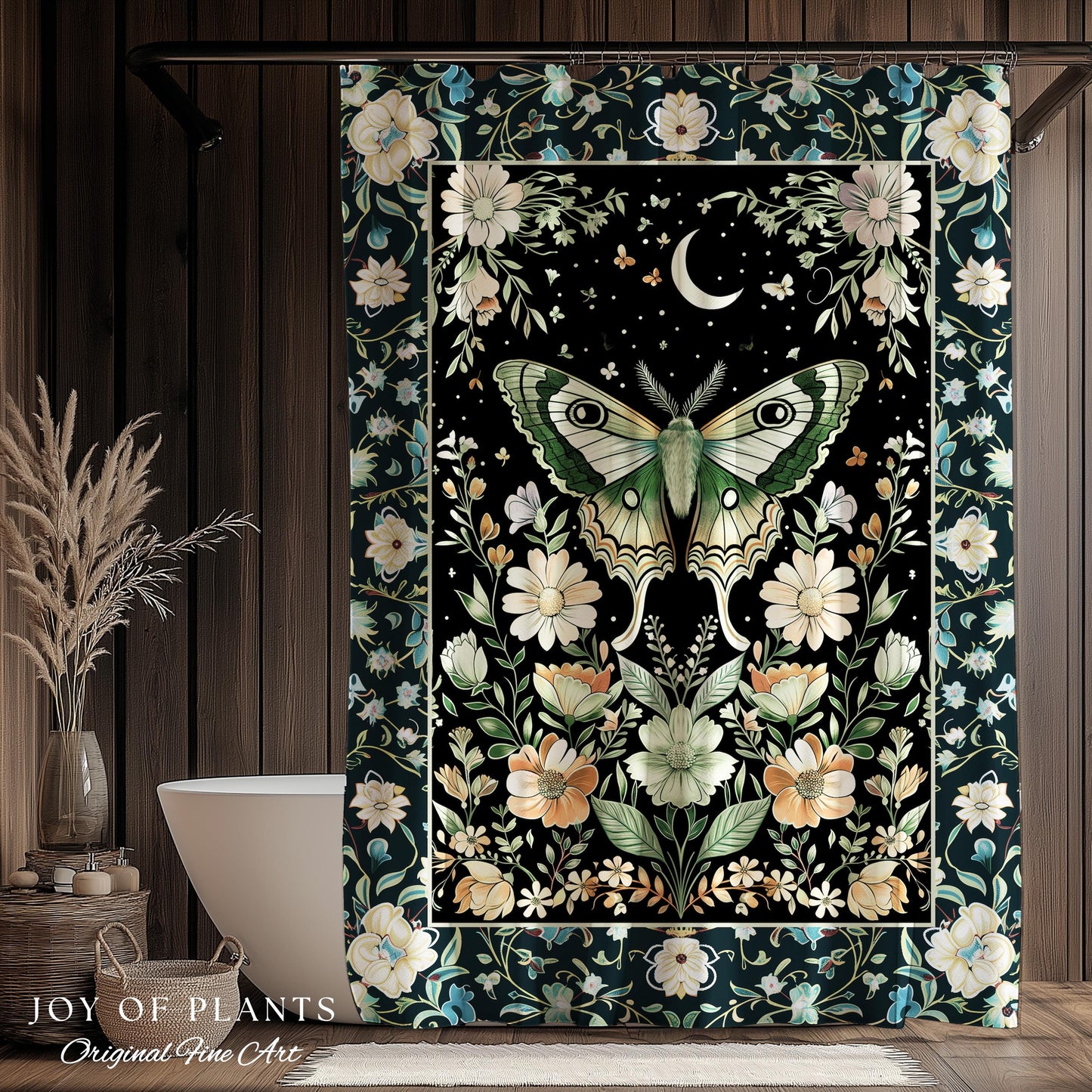 Luna Moth Folklore Aesthetic Shower Curtain | Whimsigoth Eclectic Maximalist Bathroom Accent Cottagecore Dreamy Forestcore Antique Green |