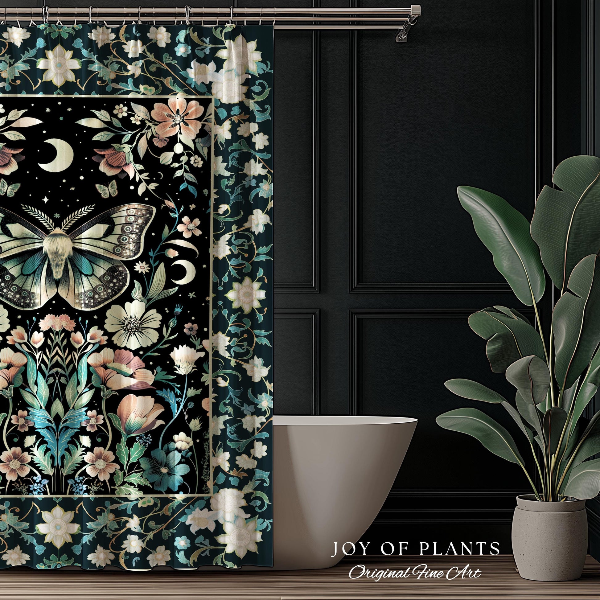 Celestial Butterfly Floral Shower Curtain Whimsical Moonlit Garden Whimsigothic Decor, Ethereal Cottagecore Botanical Moth Bathroom Accent |