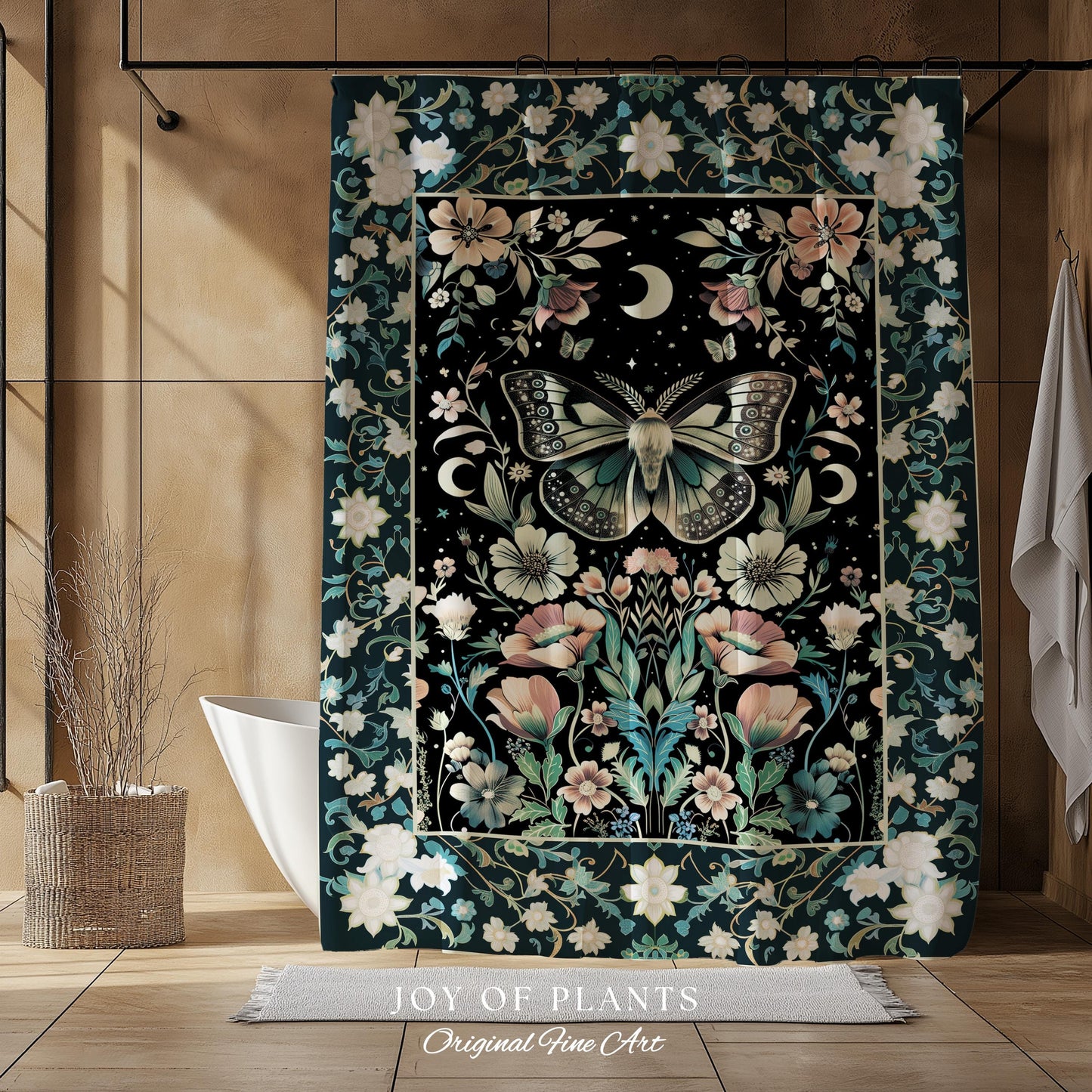 Celestial Butterfly Floral Shower Curtain Whimsical Moonlit Garden Whimsigothic Decor, Ethereal Cottagecore Botanical Moth Bathroom Accent |