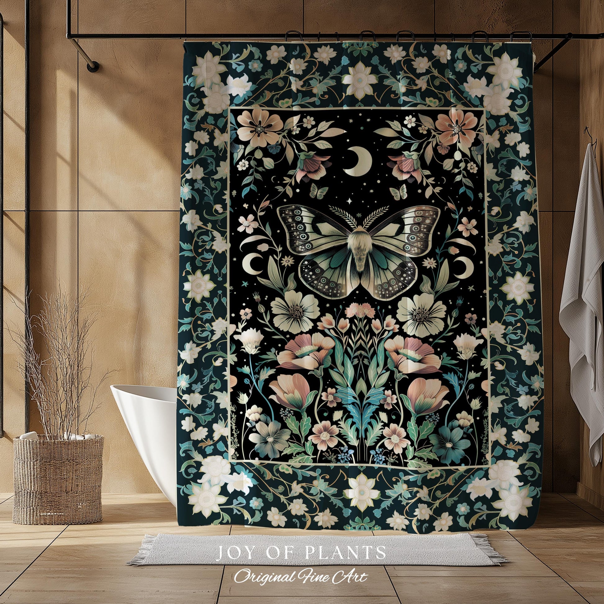 Celestial Butterfly Floral Shower Curtain Whimsical Moonlit Garden Whimsigothic Decor, Ethereal Cottagecore Botanical Moth Bathroom Accent |