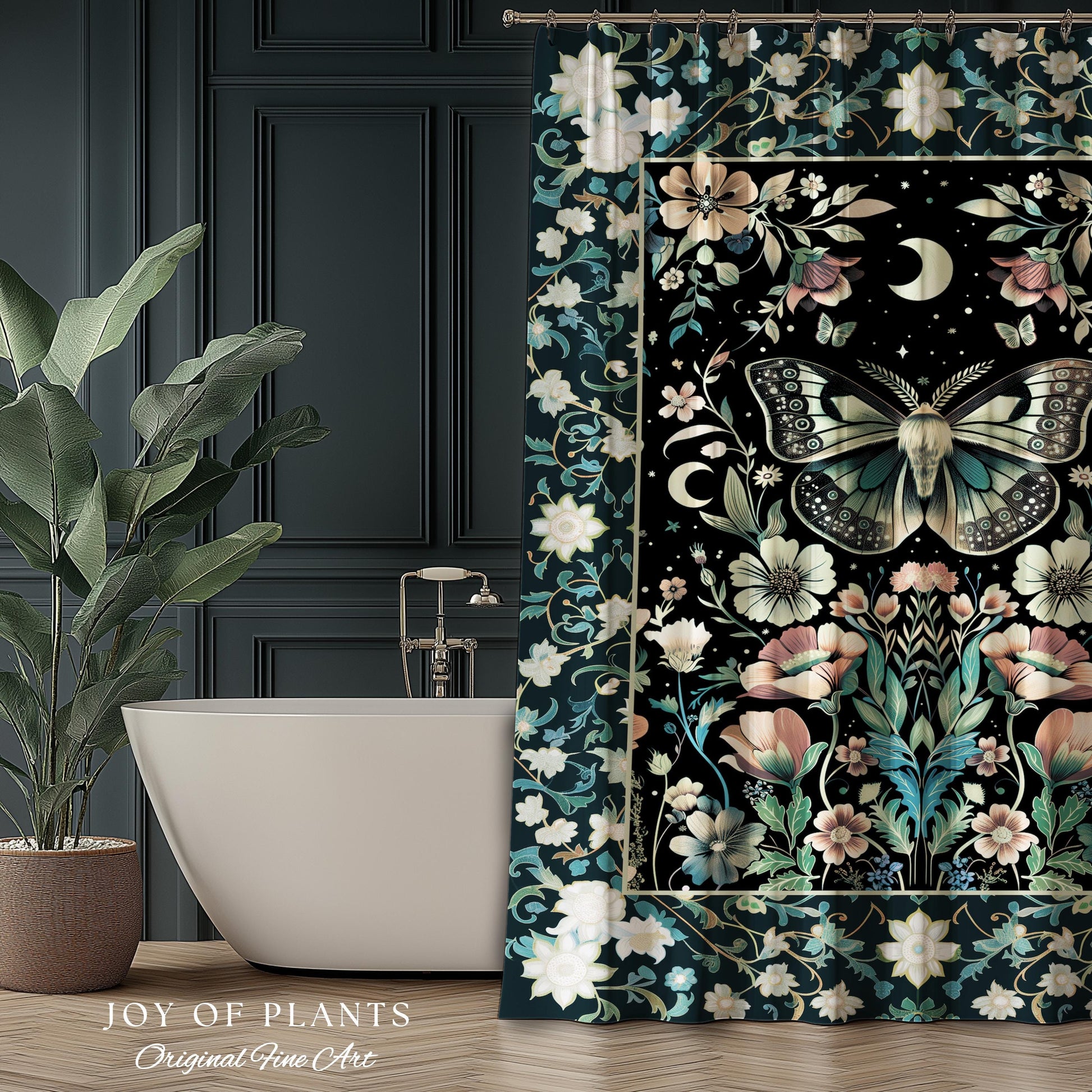 Celestial Butterfly Floral Shower Curtain Whimsical Moonlit Garden Whimsigothic Decor, Ethereal Cottagecore Botanical Moth Bathroom Accent |