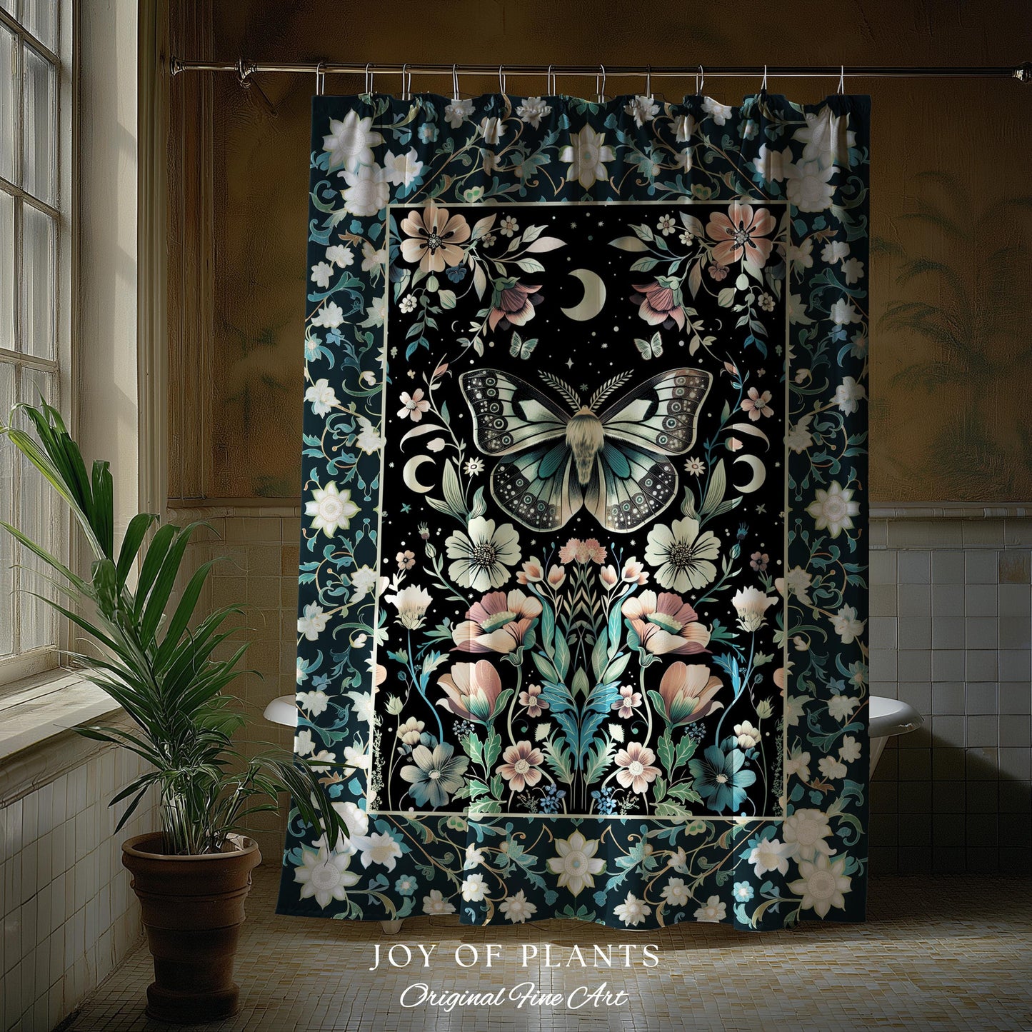 Celestial Butterfly Floral Shower Curtain Whimsical Moonlit Garden Whimsigothic Decor, Ethereal Cottagecore Botanical Moth Bathroom Accent |