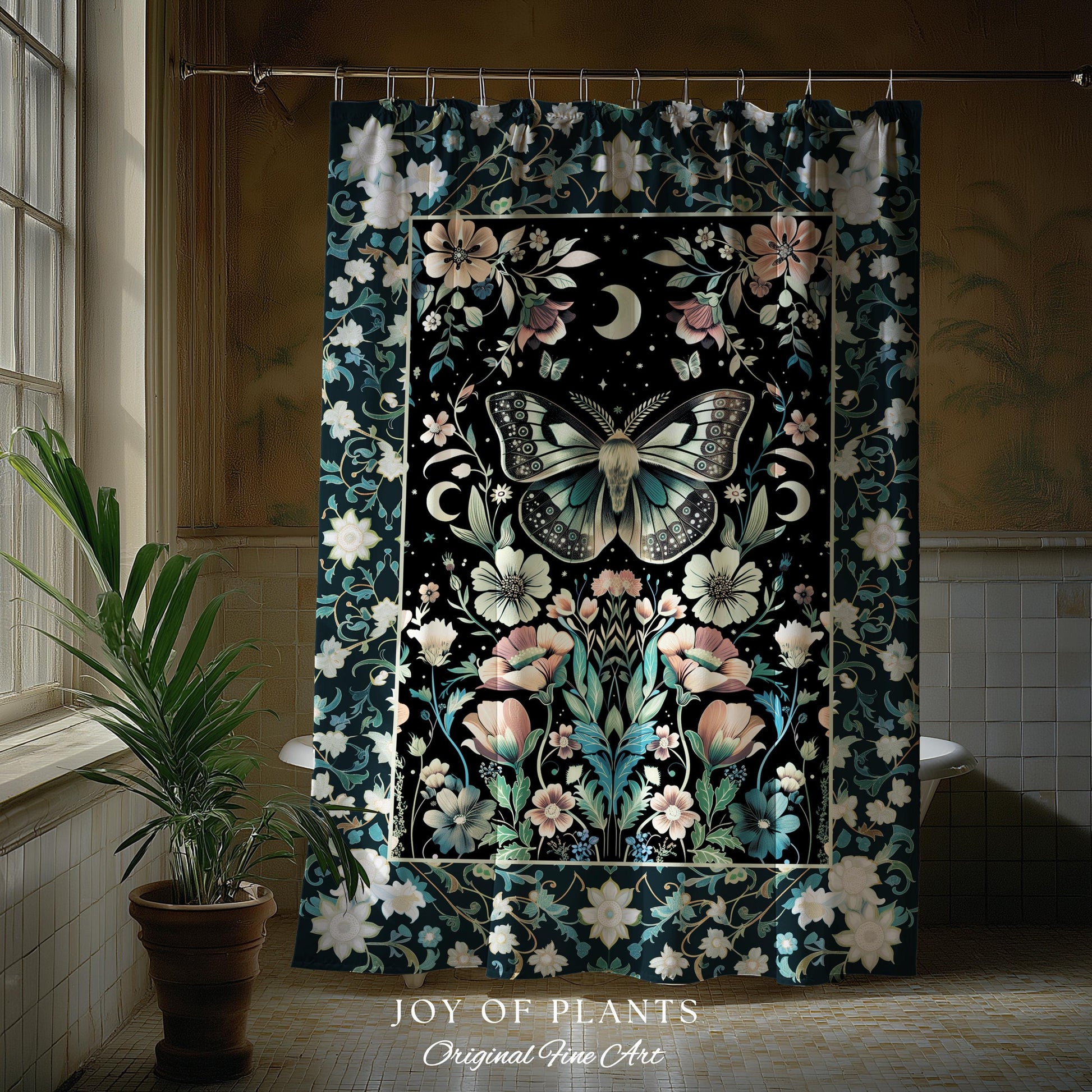 Celestial Butterfly Floral Shower Curtain Whimsical Moonlit Garden Whimsigothic Decor, Ethereal Cottagecore Botanical Moth Bathroom Accent |