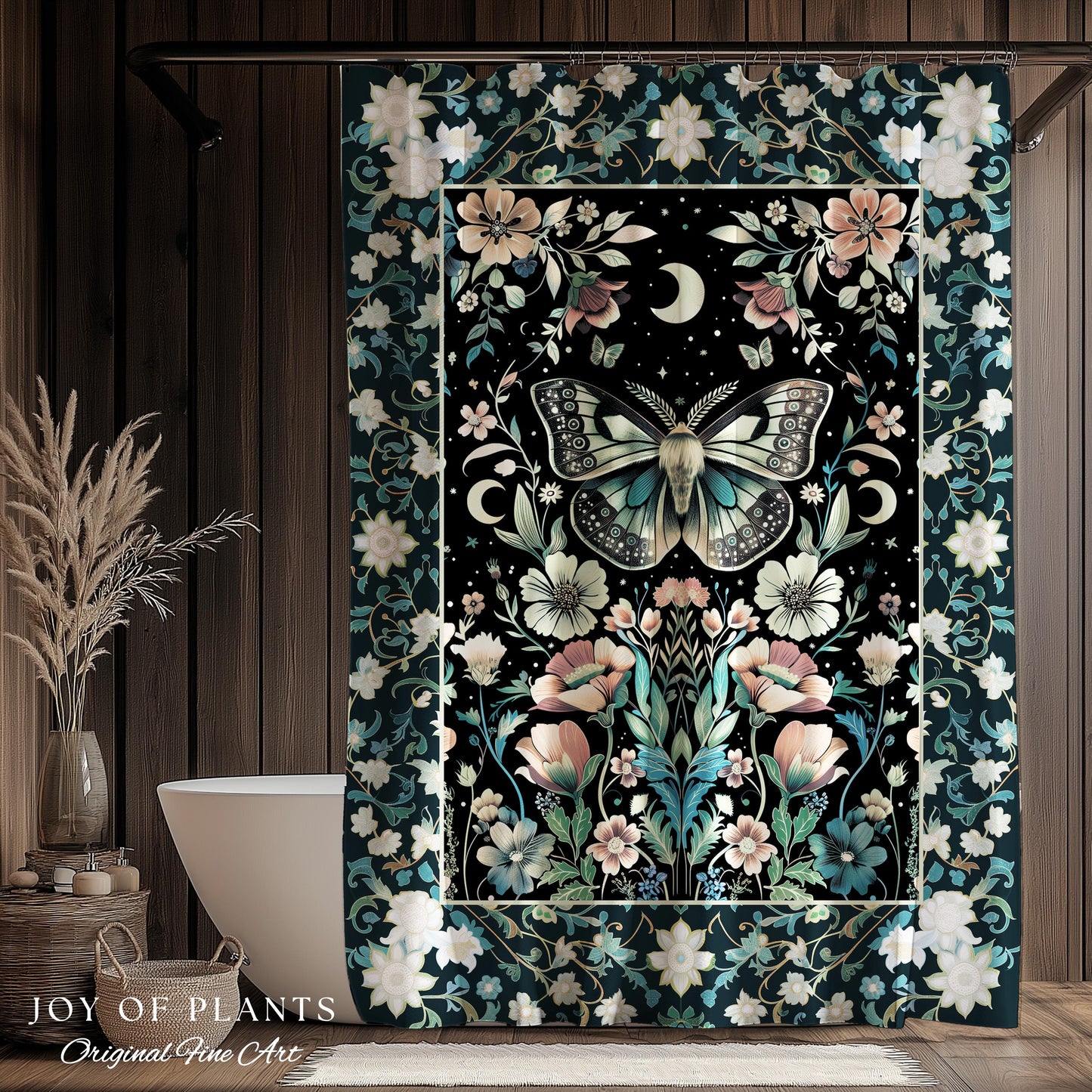 Celestial Butterfly Floral Shower Curtain Whimsical Moonlit Garden Whimsigothic Decor, Ethereal Cottagecore Botanical Moth Bathroom Accent |