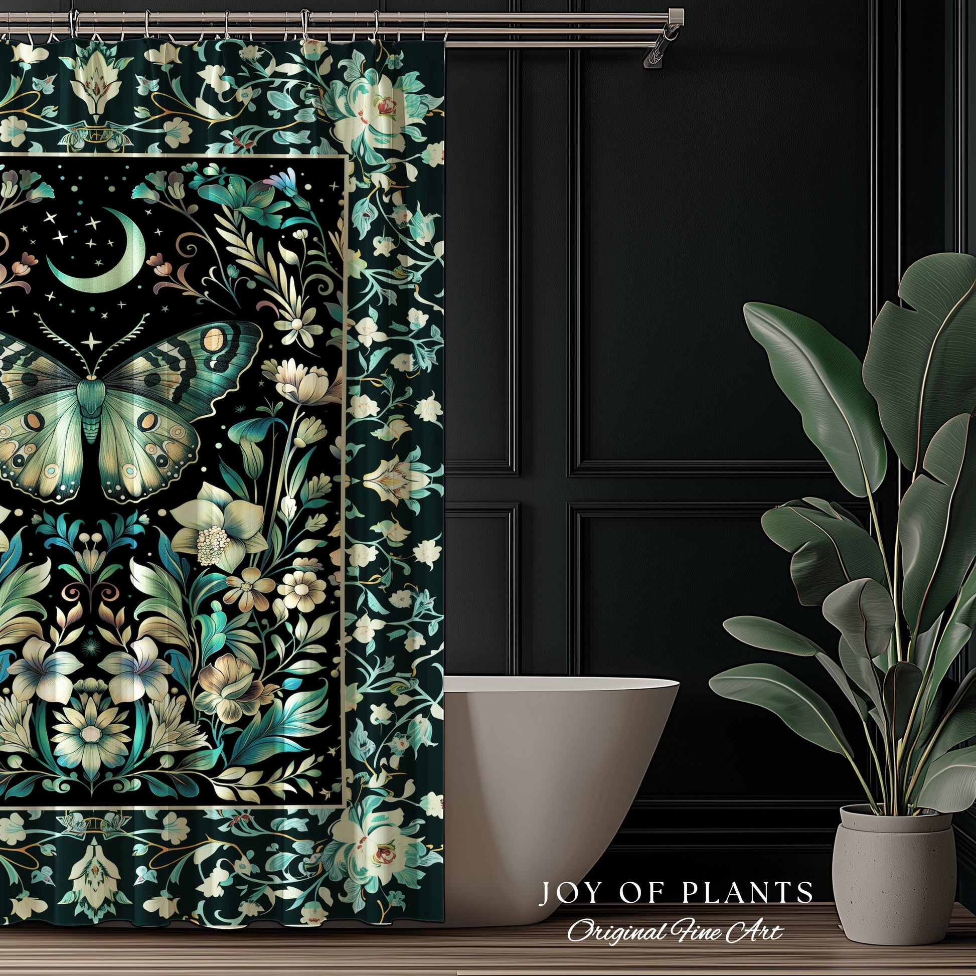 Pastel Gothic Butterfly Shower Curtain | Tarot Aesthetic Celestial Woodland Moody Botanical Bathroom Maximalist Accent Forestcore Mysticism