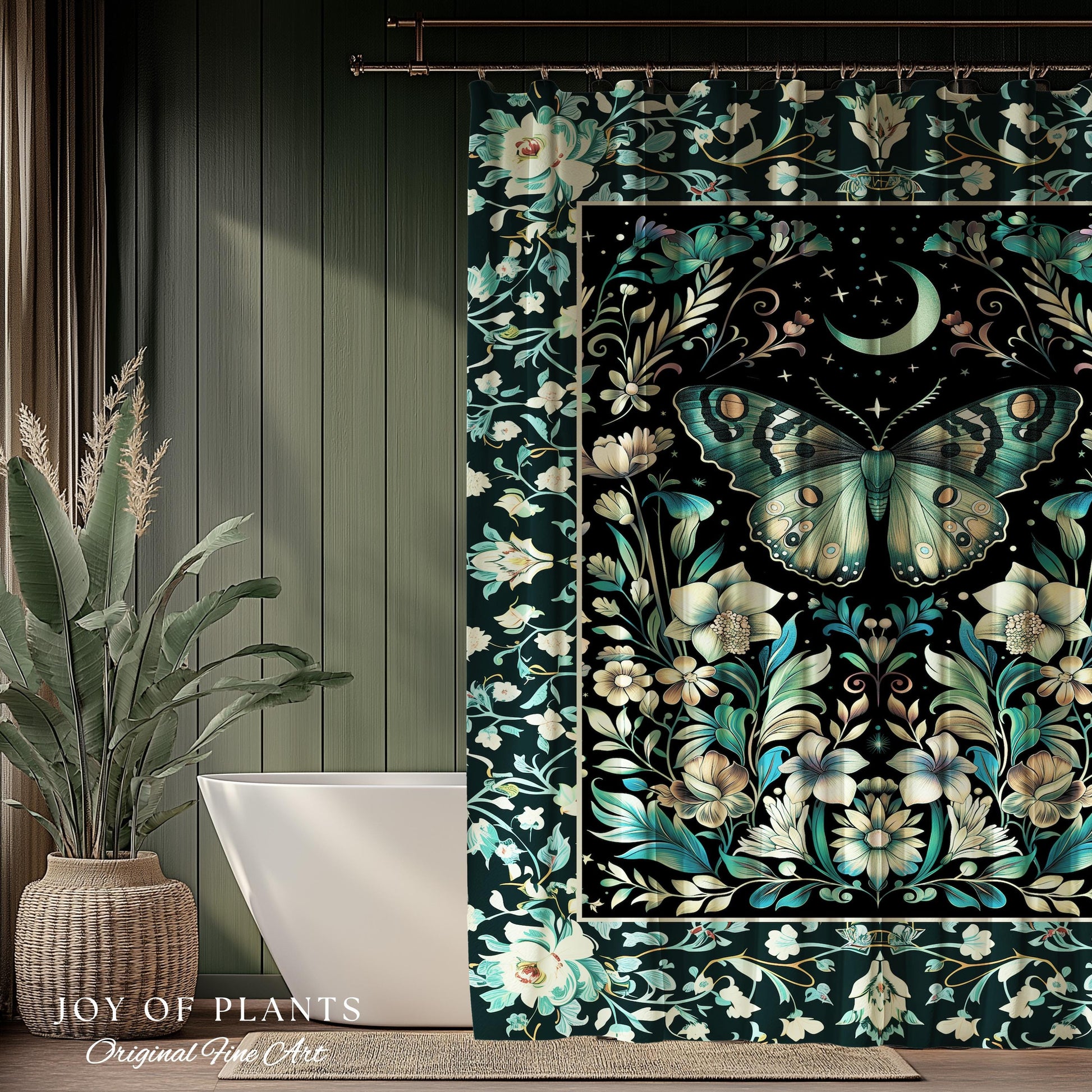 Pastel Gothic Butterfly Shower Curtain | Tarot Aesthetic Celestial Woodland Moody Botanical Bathroom Maximalist Accent Forestcore Mysticism