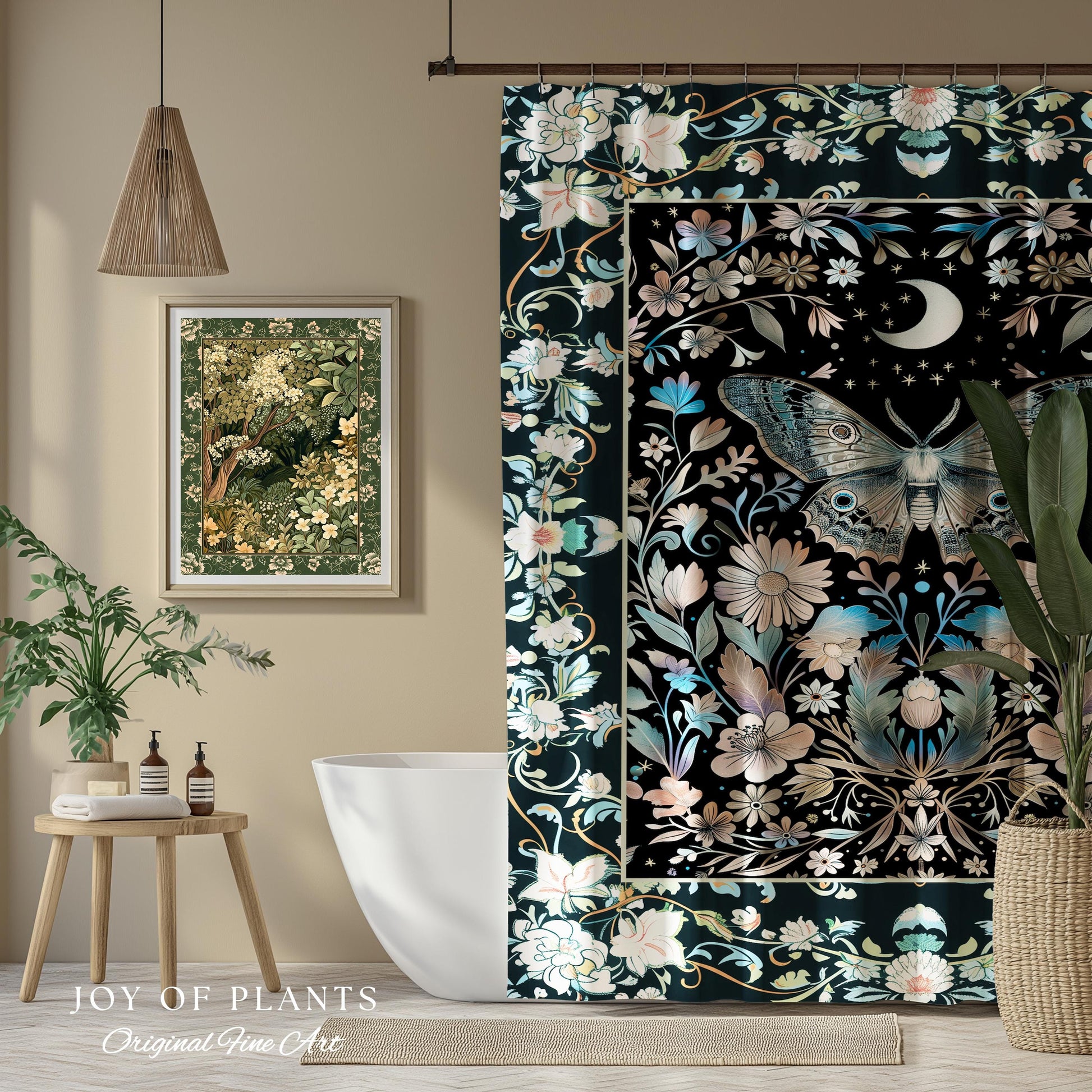 Maximalist Aesthetic Dark Academia Shower Curtain | Witchy Eclectic Oddities Woodland Cottagecore Dreamy Forestcore Bathroom Pastel Gothic |