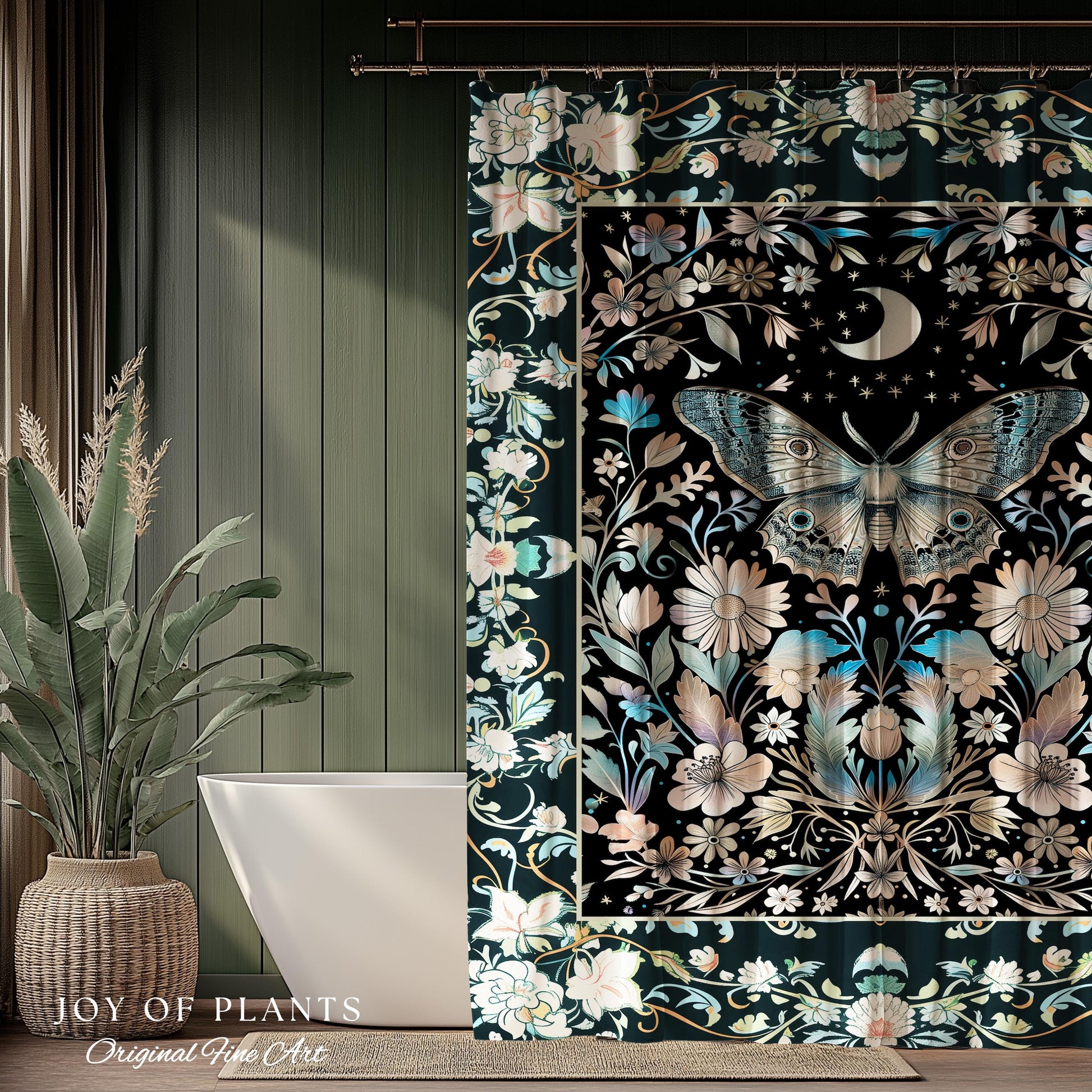 Maximalist Aesthetic Dark Academia Shower Curtain | Witchy Eclectic Oddities Woodland Cottagecore Dreamy Forestcore Bathroom Pastel Gothic |