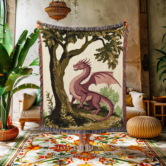 Pastoral Dragon Blanket Light Academia Inspired Woodland Tapestry Throw | Rustic Folklore Home Decor Cozy Forestcore Medieval Aesthetic Art
