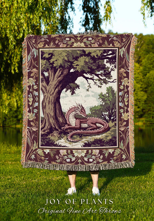 Ethereal Woodland Dragon Blanket Whimsigothic Fantasy Art Nouveau Throw | Rustic Fairycore Magic Cottagegoth Decor Enchanted Gothic Forest