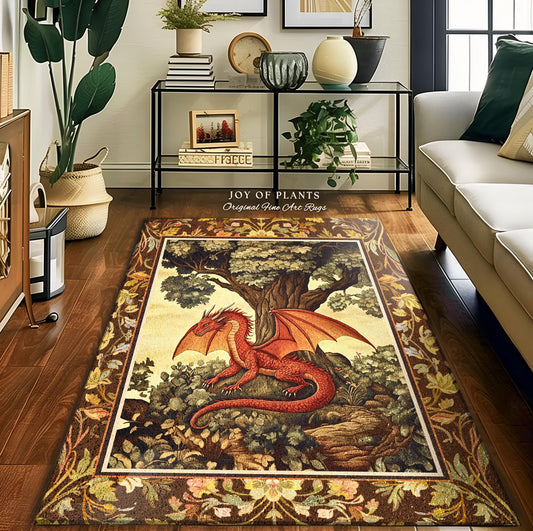 Rustic Dragon Rug Mystical Cottagecore Forest Nature Scene Home Decor | Enchanted Dark Academia Aesthetic Medieval Inspired Folklore Art