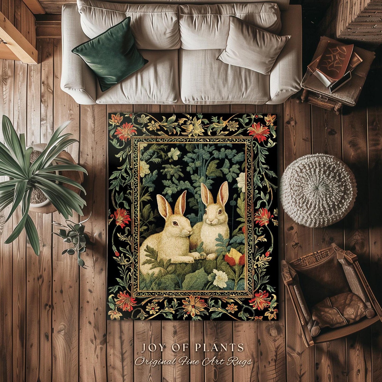 Bunny Rabbit Floral Rug | Botanical Bedroom Decor William Morris Inspired Cottagecore Room Light Academia Style Rug Mystical Home Accent