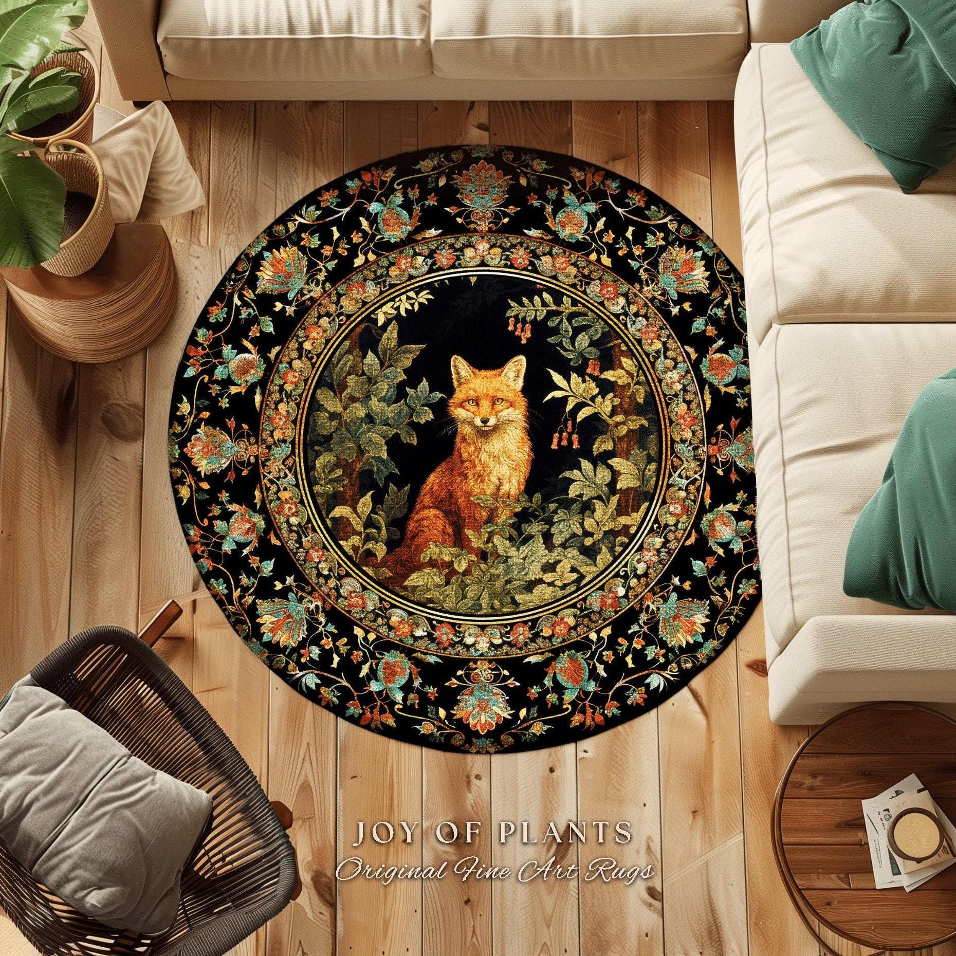 Folklore Fox Rug Botanical | Woodland Nature Bedroom Decor William Morris Inspired Cottagecore Room Soft Aesthetic Dark Academia Style Rug |