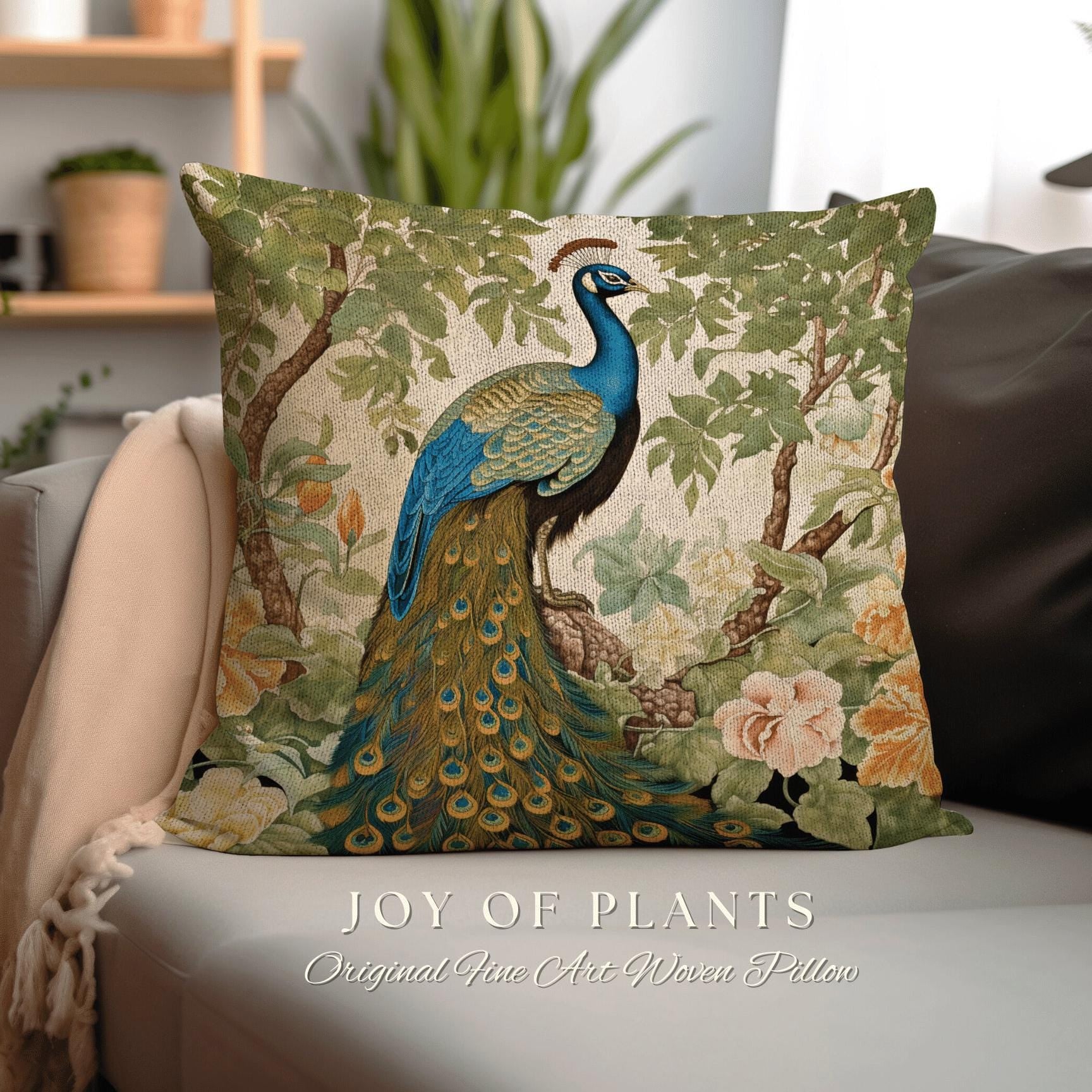 Pastel Jungle Peacock Cushion | William Morris Inspired Peacock Woodland Decor Cushion Maximalist Ornate Home Decor Throw Pillow Eclectic