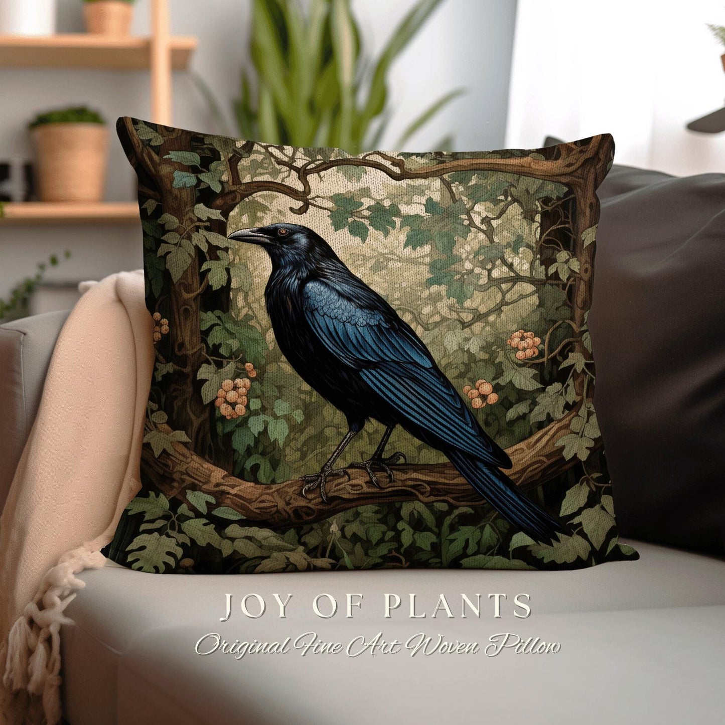 Black Crow Raven Throw Pillow | Morris Inspired Pillow Woodland Crowcore Decor Pillow Maximalist Home Decor Crow Pillow Dark Botanical Decor