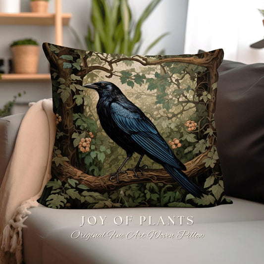 Black Crow Raven Throw Pillow | Morris Inspired Pillow Woodland Crowcore Decor Pillow Maximalist Home Decor Crow Pillow Dark Botanical Decor