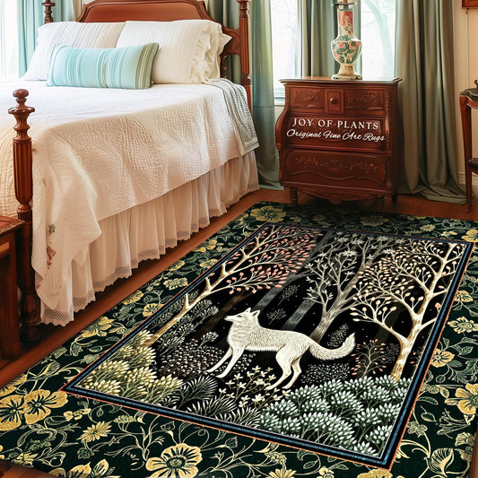 Pastel Cottagecore Wolf Accent Rug | Whimsical Botanical Nursery Scandinavian Folklore Housewarming Gift Storybook Aesthetic Boho Florals |