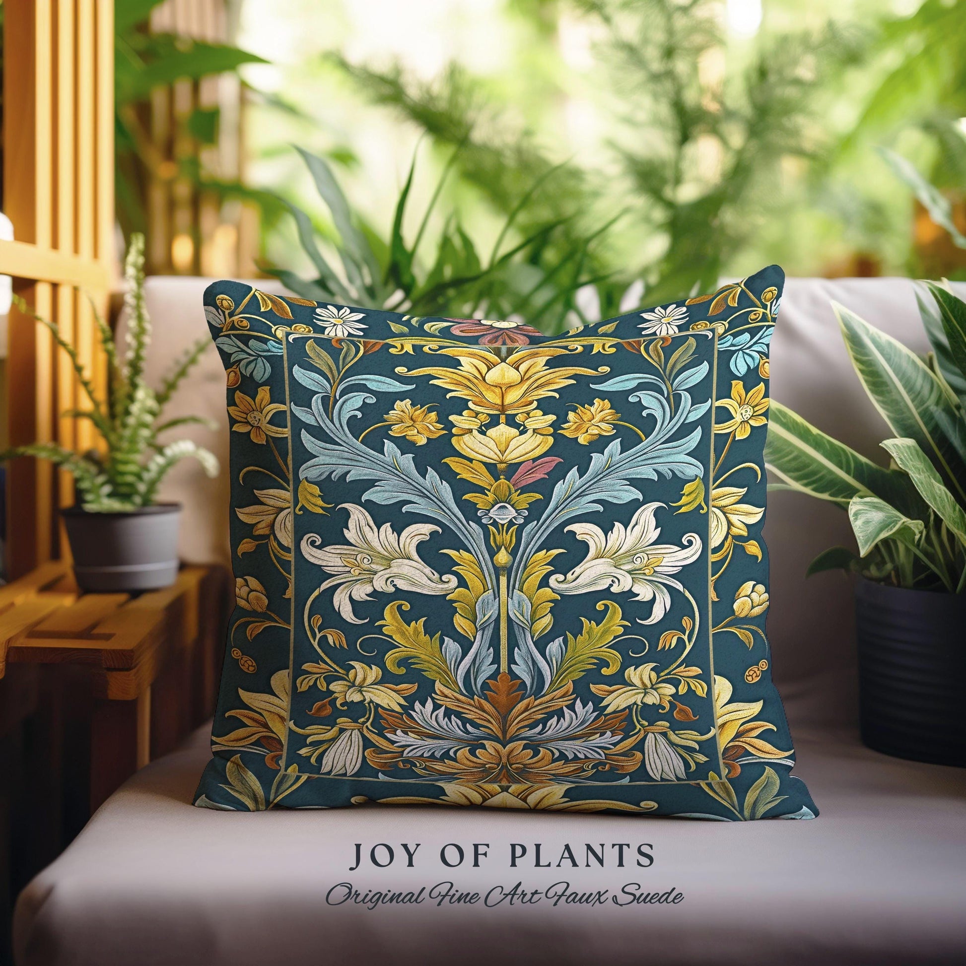 Art Nouveau Floral Ornate Throw Pillow Renaissance Style Botanical Dark Academia, William Morris Inspired Rustic Farmhouse Tapestry Cushion