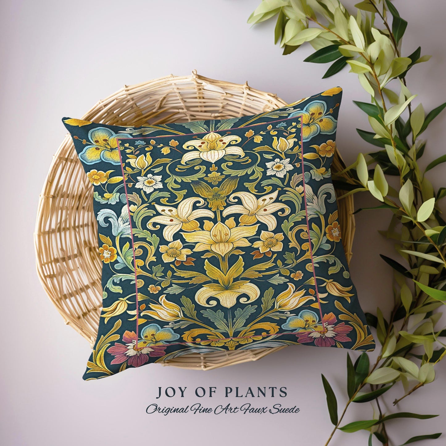 Rustic Farmhouse Floral Pillow Country Cottage Charm | Soft Cottagecore Botanical Elegance Vintage Boho Flower Pattern Morris Style Cushion