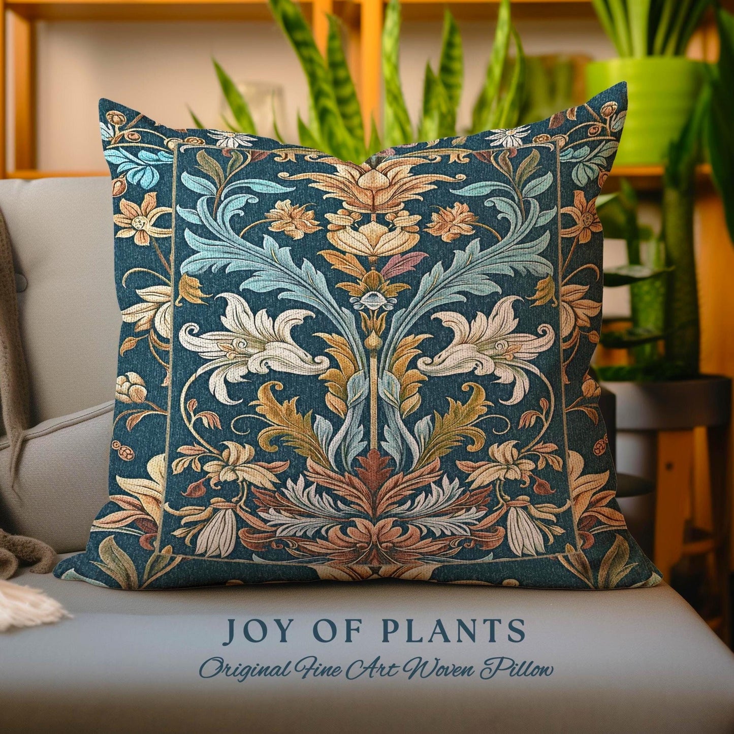 May include: A teal blue throw pillow with a woven floral pattern in shades of white, brown, and blue. The pillow is on a gray couch and the text 'JOY OF PLANTS Original Fine Art Woven Pillow' is below the pillow.