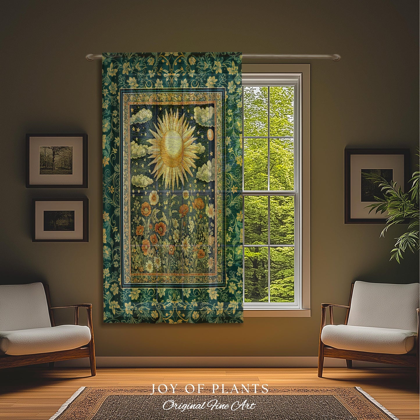 Maximalist Sun Goddess Curtain | Nature Botanical Drapes Floral Light Academia Spiritual Aesthetic Zodiac Theme Celestial Bedroom Decor |