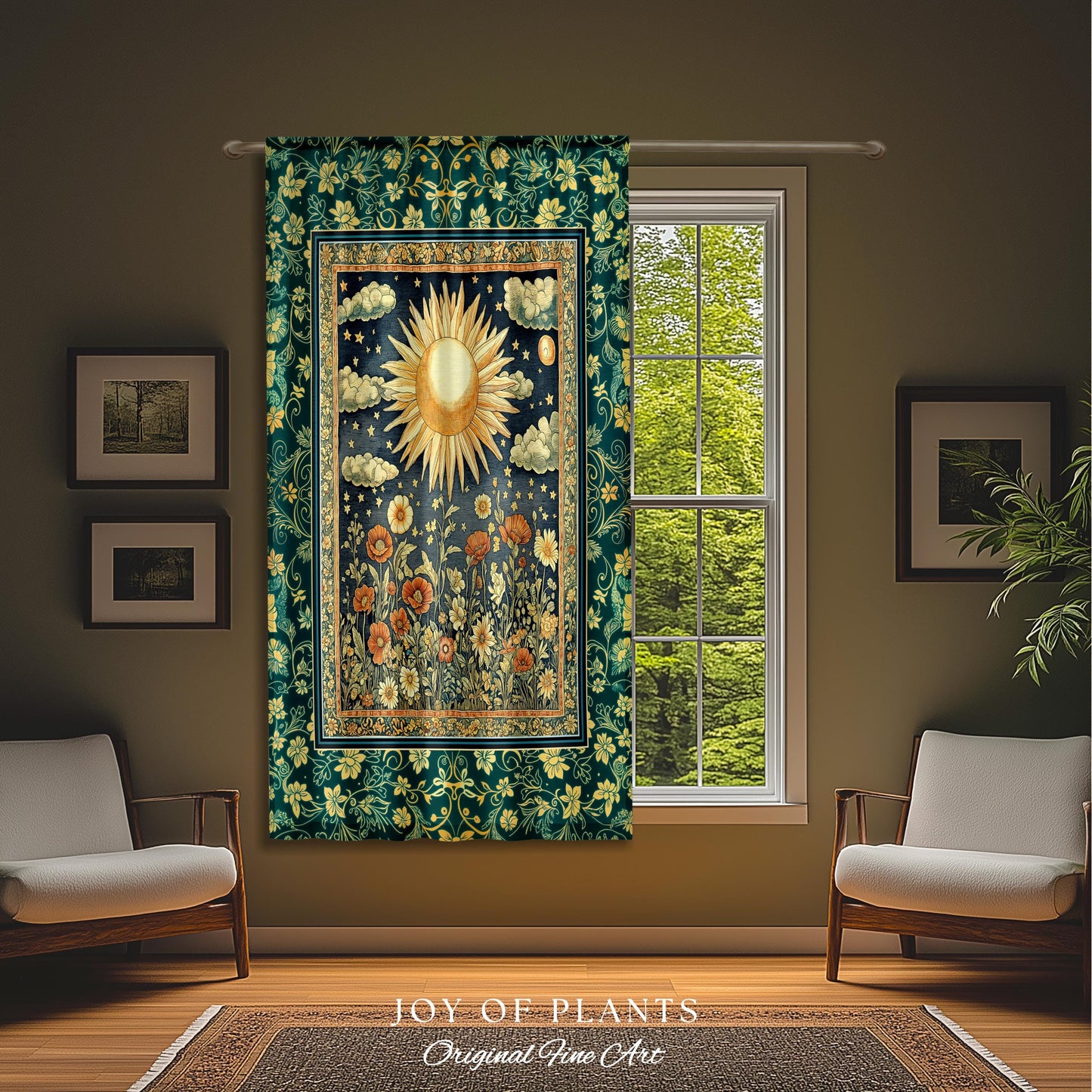 Maximalist Sun Goddess Curtain | Nature Botanical Drapes Floral Light Academia Spiritual Aesthetic Zodiac Theme Celestial Bedroom Decor |