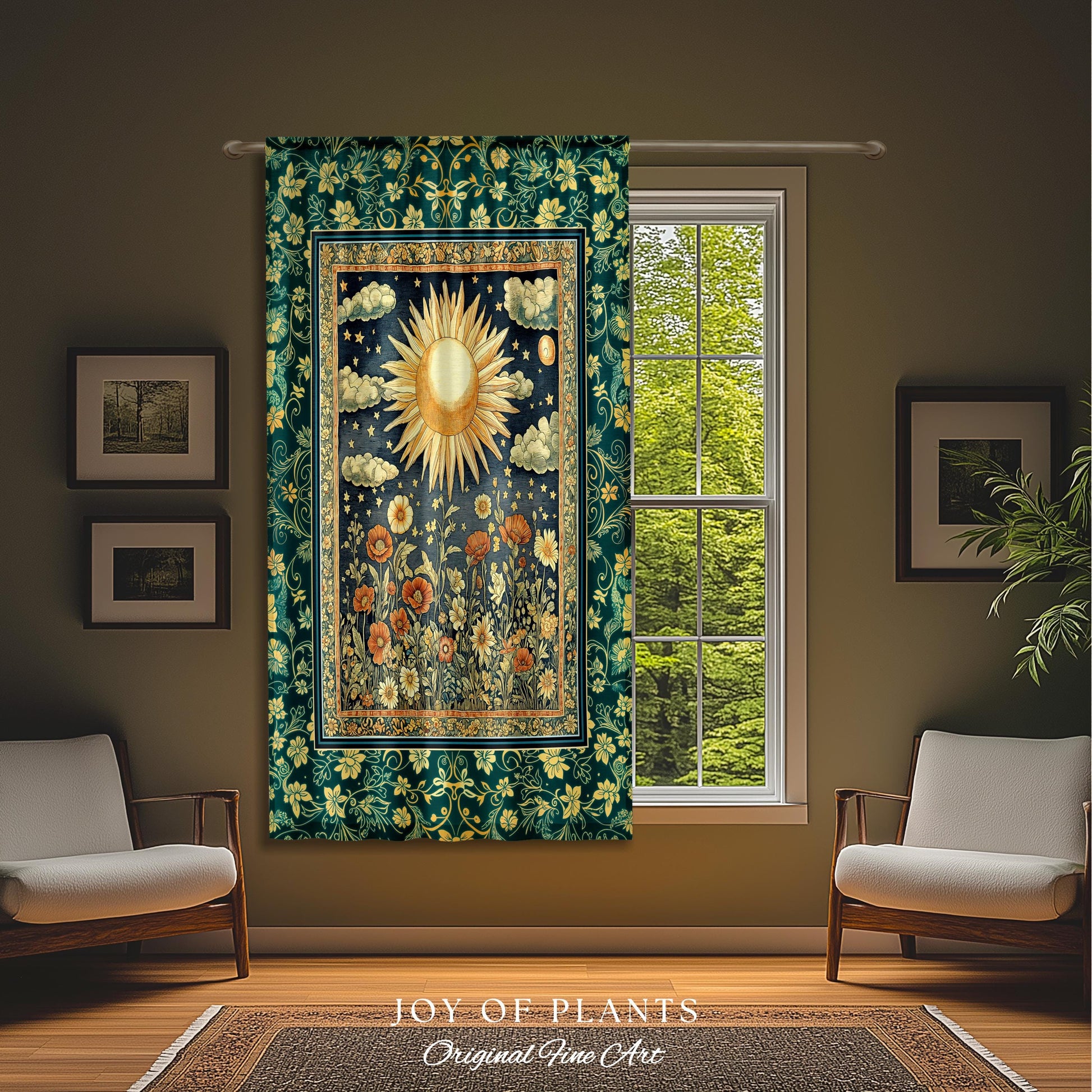 Maximalist Sun Goddess Curtain | Nature Botanical Drapes Floral Light Academia Spiritual Aesthetic Zodiac Theme Celestial Bedroom Decor |