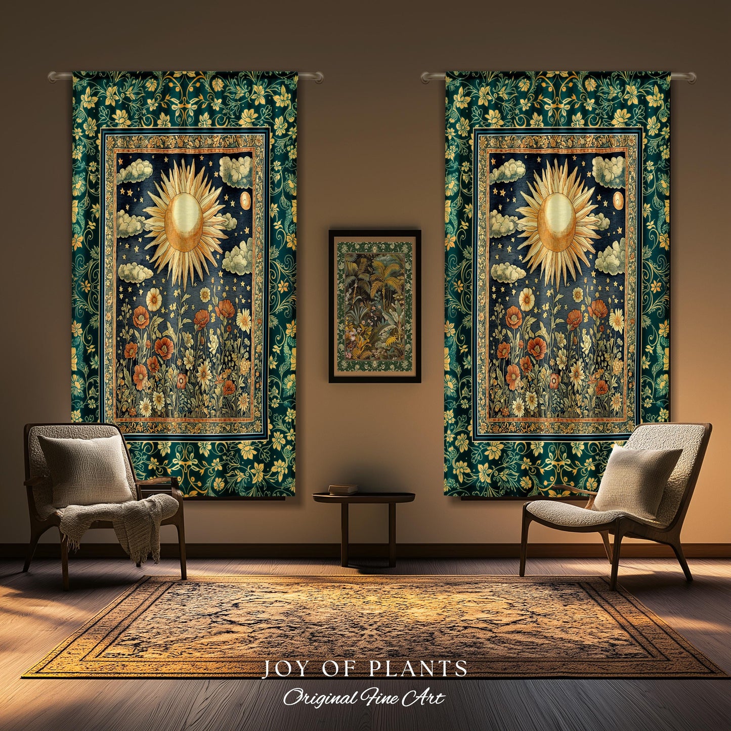 Maximalist Sun Goddess Curtain | Nature Botanical Drapes Floral Light Academia Spiritual Aesthetic Zodiac Theme Celestial Bedroom Decor |