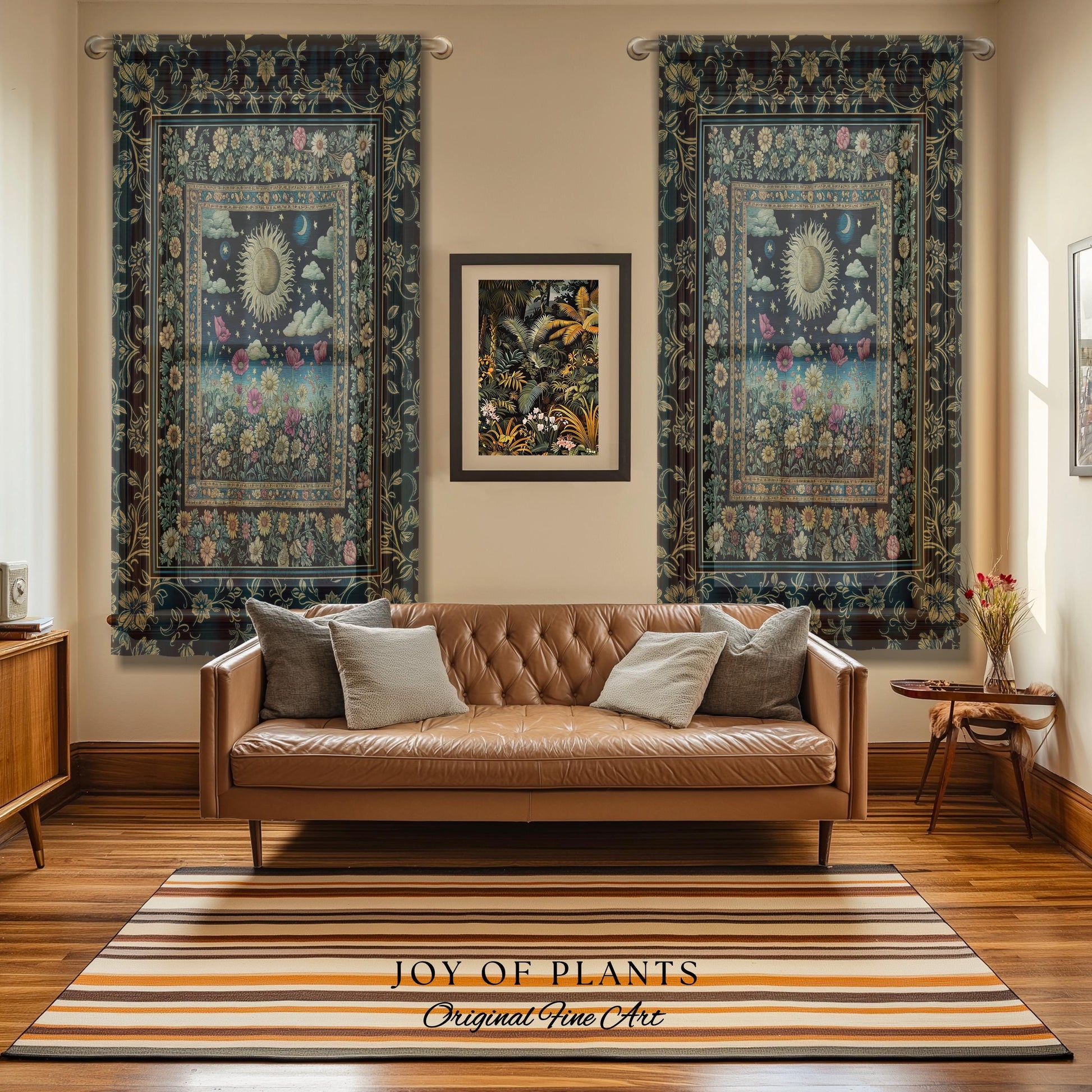 Floral Gothic Celestial Curtain | Witchy Tarot Sun Moon Stars Spiritual Tarot Decor Bohemian Indie Bedroom Drapes Cozy Cottagecore Aesthetic