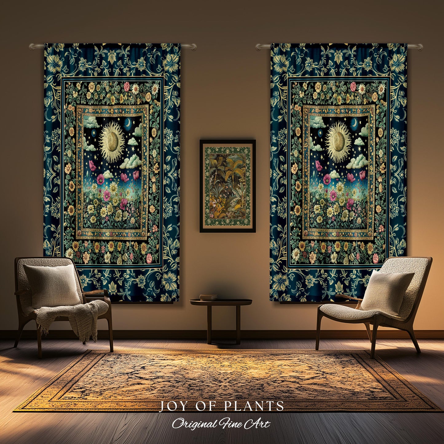 Floral Gothic Celestial Curtain | Witchy Tarot Sun Moon Stars Spiritual Tarot Decor Bohemian Indie Bedroom Drapes Cozy Cottagecore Aesthetic