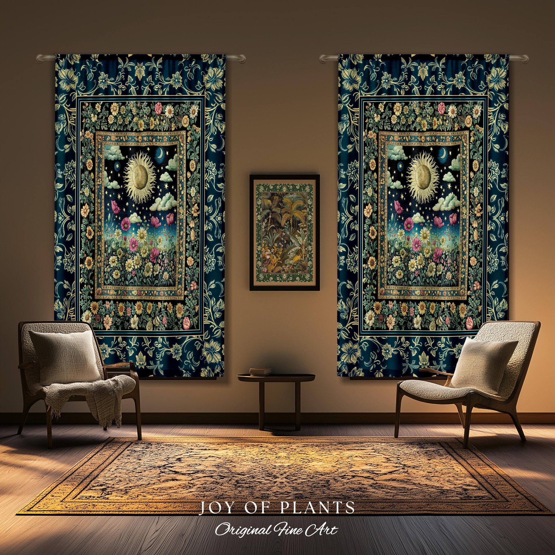 Floral Gothic Celestial Curtain | Witchy Tarot Sun Moon Stars Spiritual Tarot Decor Bohemian Indie Bedroom Drapes Cozy Cottagecore Aesthetic