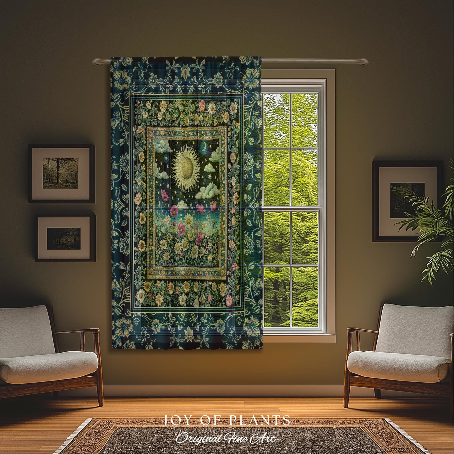 Floral Gothic Celestial Curtain | Witchy Tarot Sun Moon Stars Spiritual Tarot Decor Bohemian Indie Bedroom Drapes Cozy Cottagecore Aesthetic