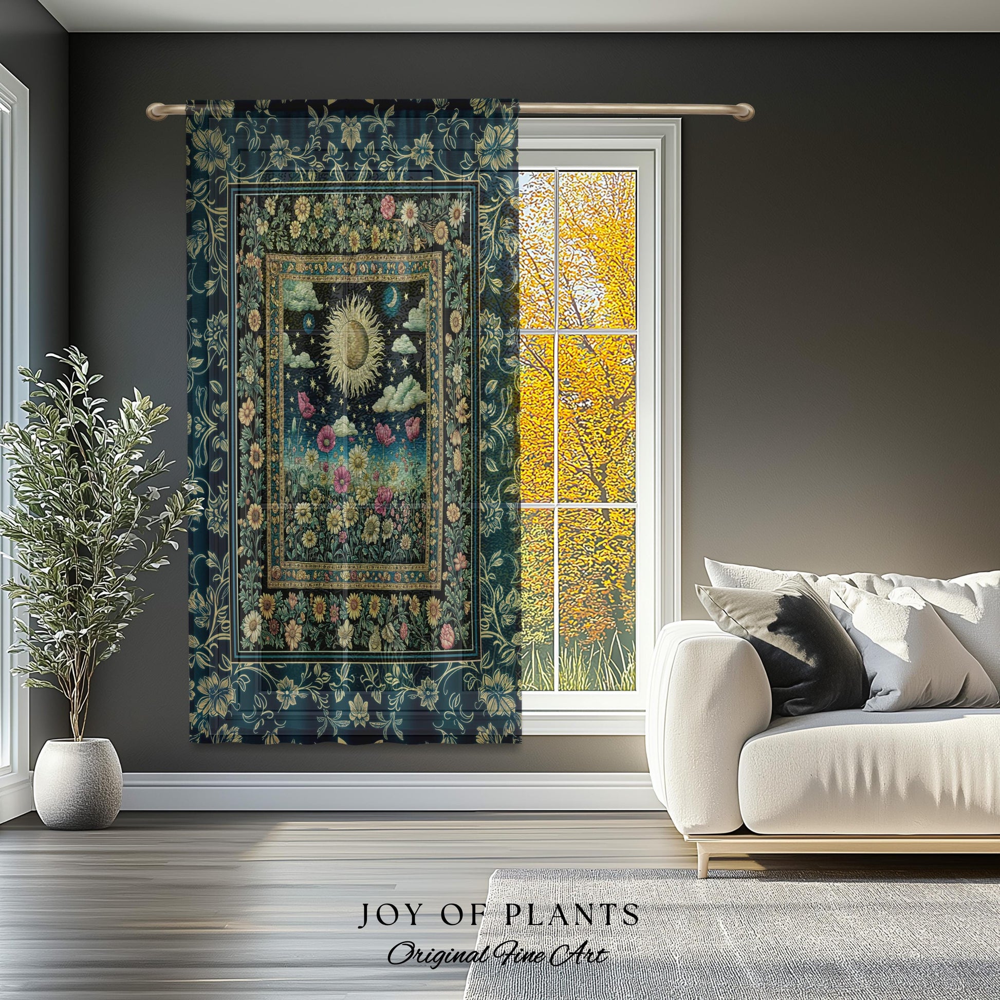 Floral Gothic Celestial Curtain | Witchy Tarot Sun Moon Stars Spiritual Tarot Decor Bohemian Indie Bedroom Drapes Cozy Cottagecore Aesthetic