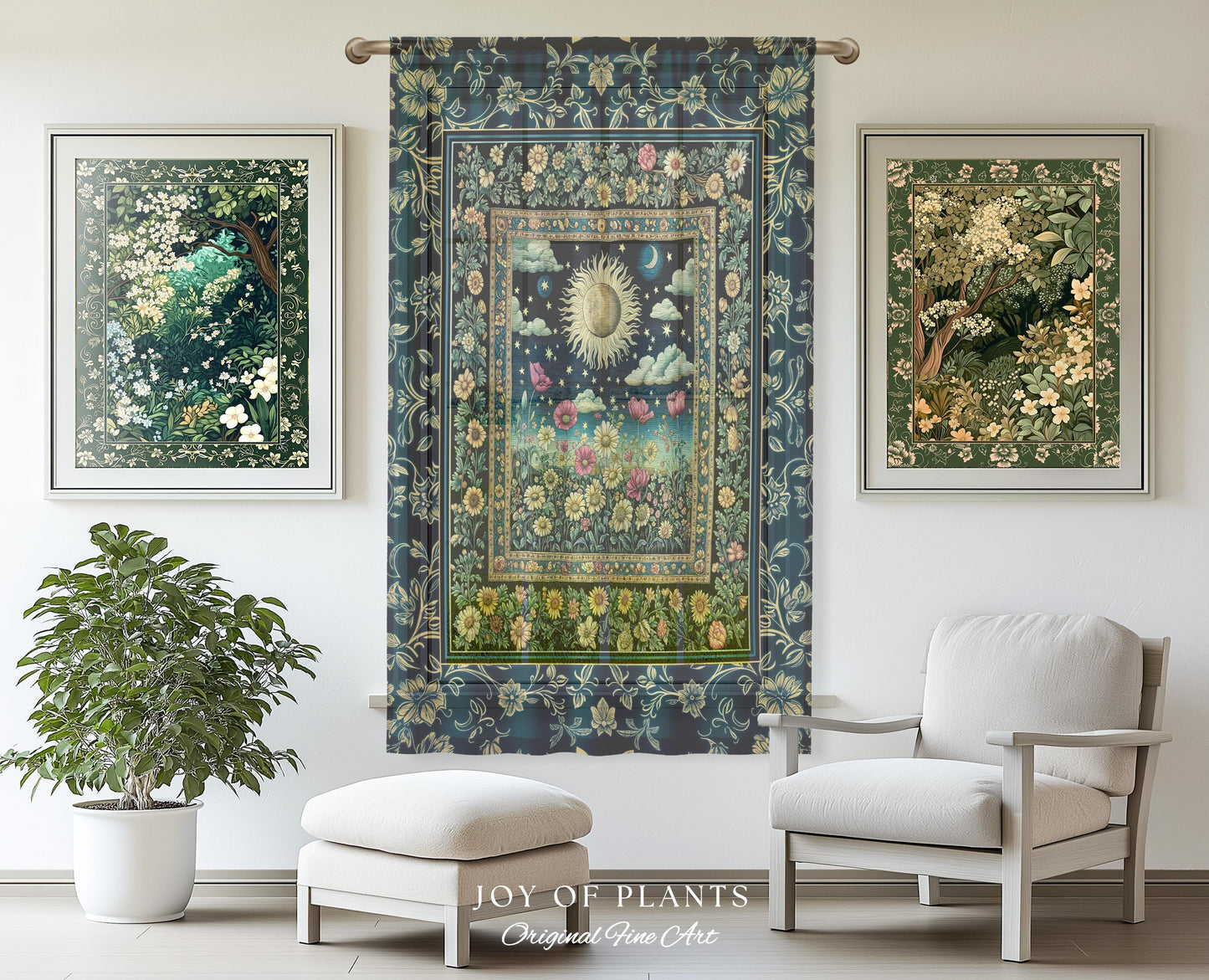 Floral Gothic Celestial Curtain | Witchy Tarot Sun Moon Stars Spiritual Tarot Decor Bohemian Indie Bedroom Drapes Cozy Cottagecore Aesthetic