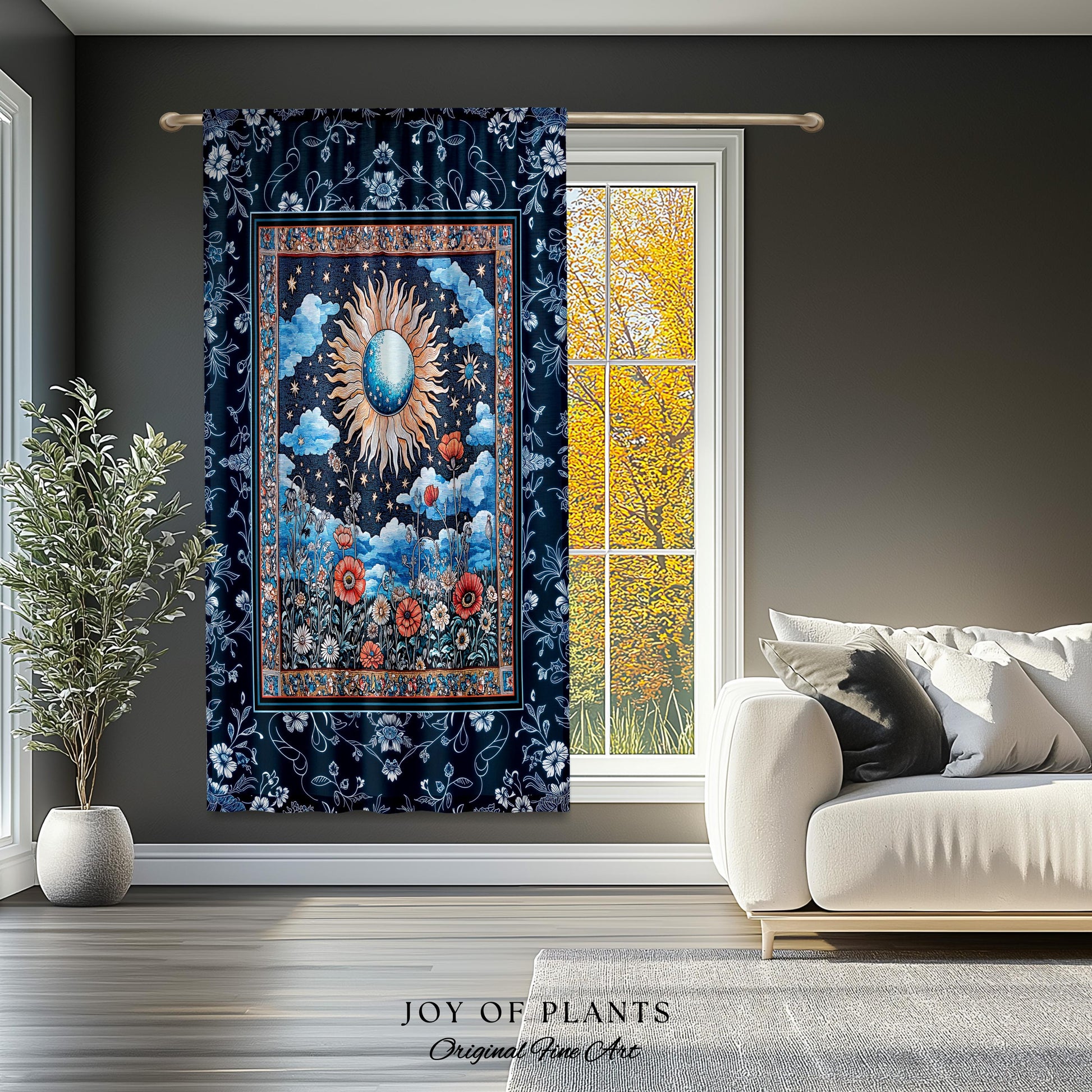 Retro Astrology Window Curtains | Whimsigothic Bedroom Maximalist Hippie Floral Woven Tapestry Psychedelic Cottagecore Ethereal Aesthetic |