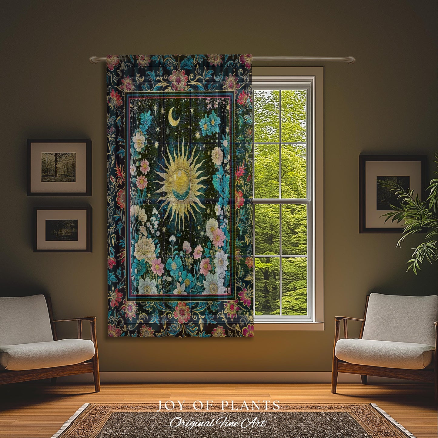 Celestial Sun Rustic Curtains | Eclectic Bedroom Accent Wildflowers Drapes Cosmic Astrology Aesthetic Psychedelic Tarot Inspired Home Decor