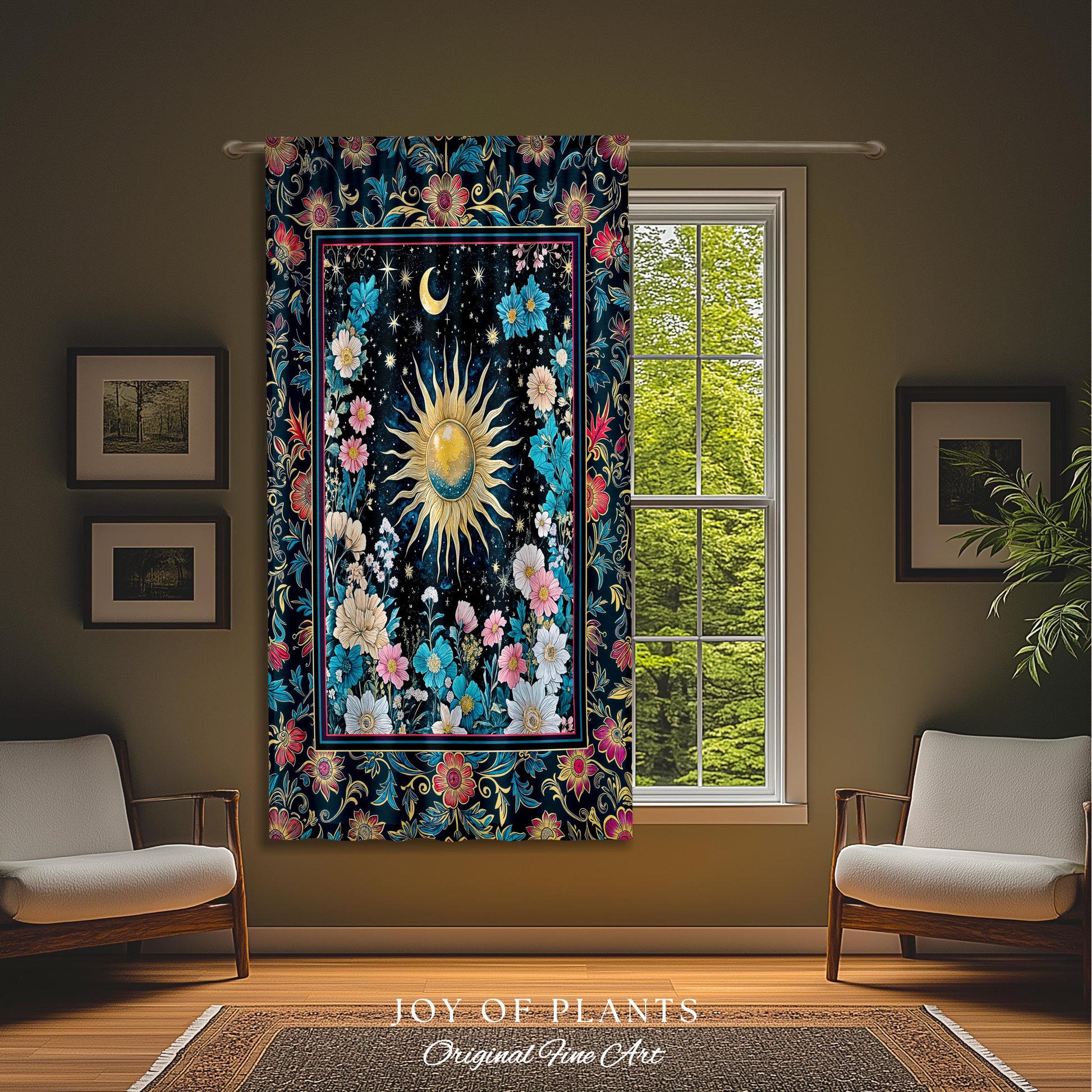 Celestial Sun Rustic Curtains | Eclectic Bedroom Accent Wildflowers Drapes Cosmic Astrology Aesthetic Psychedelic Tarot Inspired Home Decor