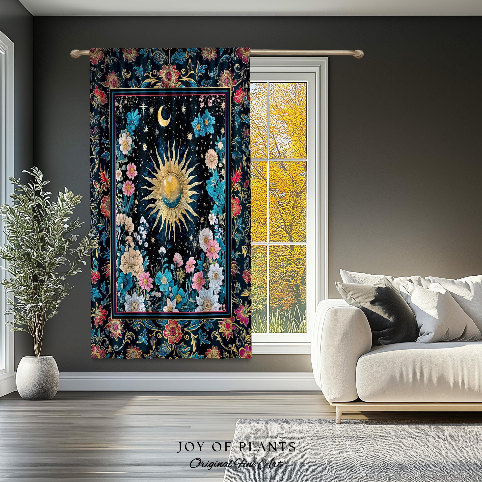 Celestial Sun Rustic Curtains | Eclectic Bedroom Accent Wildflowers Drapes Cosmic Astrology Aesthetic Psychedelic Tarot Inspired Home Decor