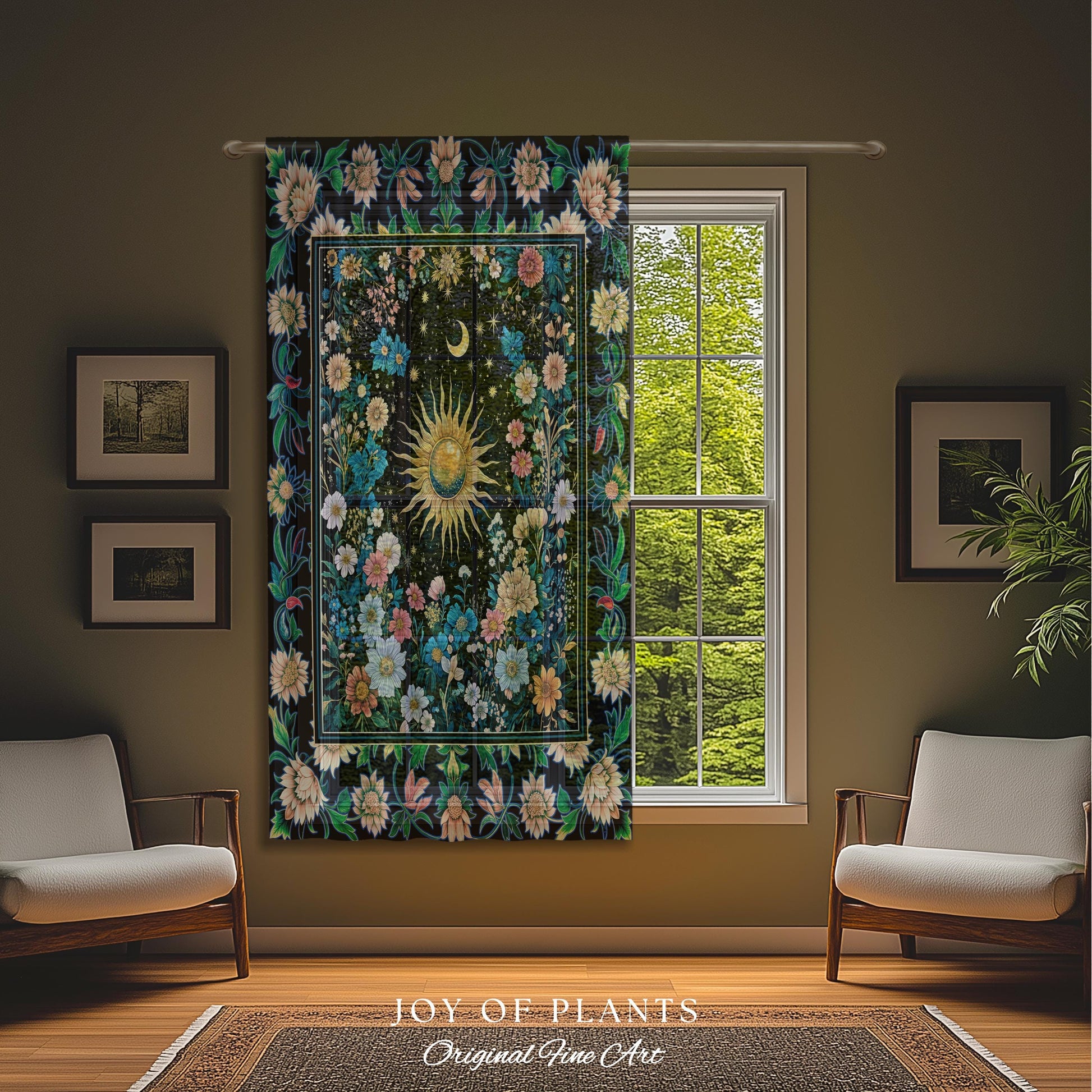 Colorful Maximalist Boho Sun Curtain | Whimsigothic Tarot Drapes Celestial Spiritual Decor Bohemian Indie Bedroom Sun and Moon Cozy Nursery