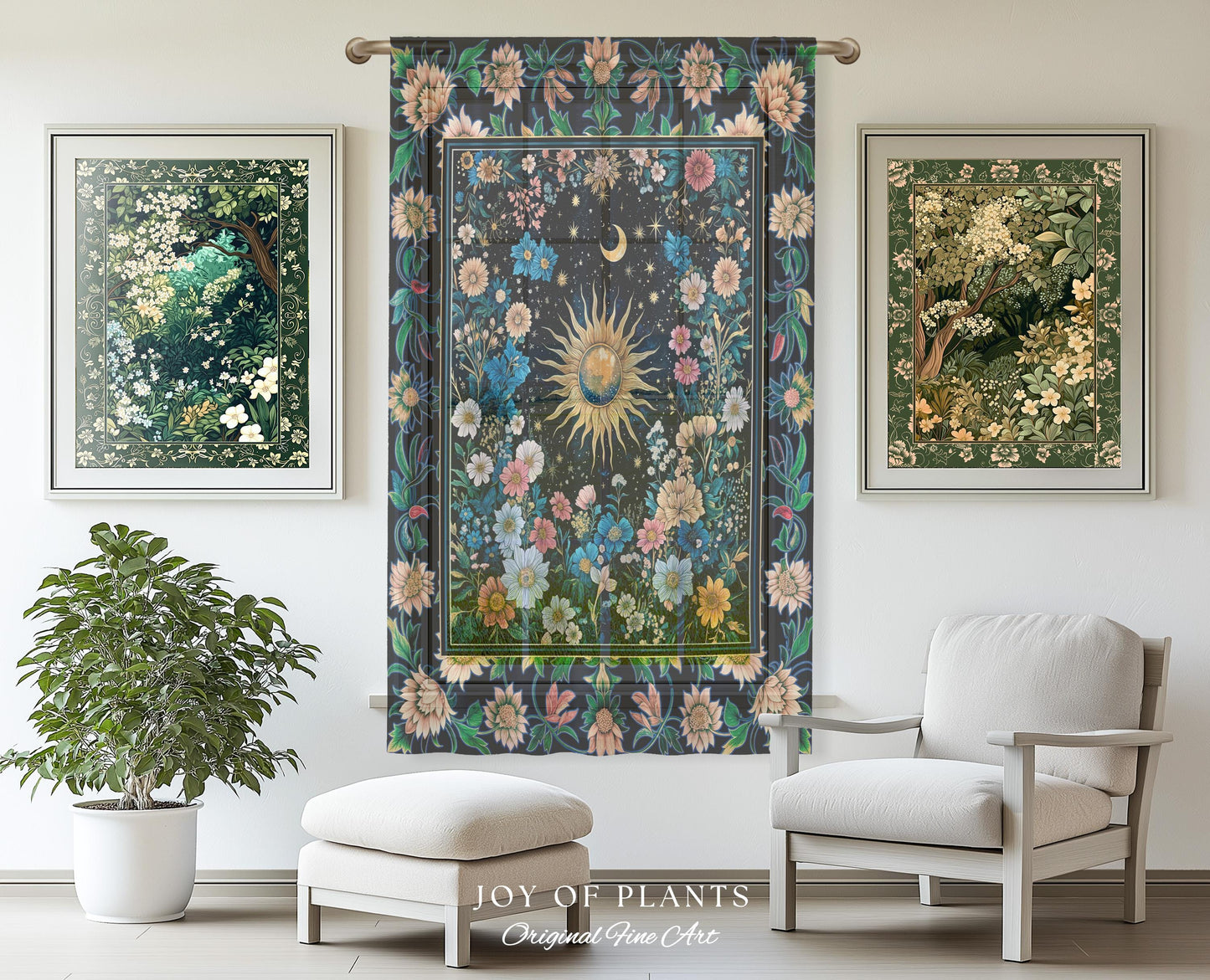 Colorful Maximalist Boho Sun Curtain | Whimsigothic Tarot Drapes Celestial Spiritual Decor Bohemian Indie Bedroom Sun and Moon Cozy Nursery